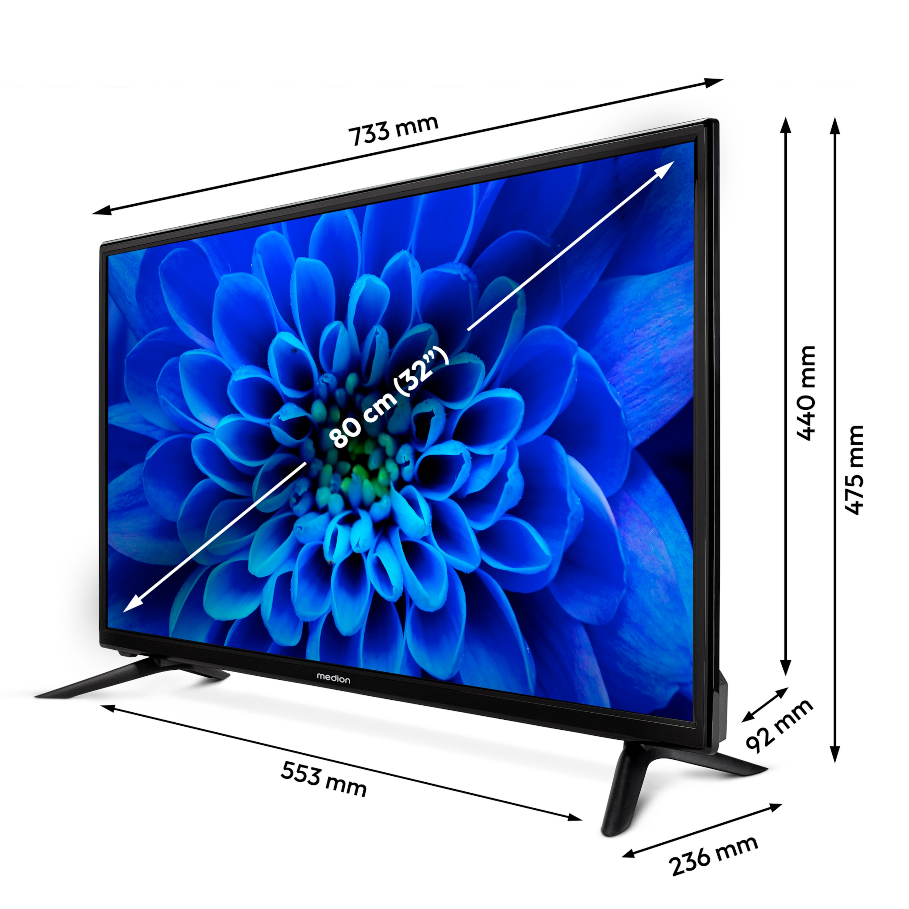 Zwarte tv met blauwe bloemenweergave, met afmetingen in mm en inches.