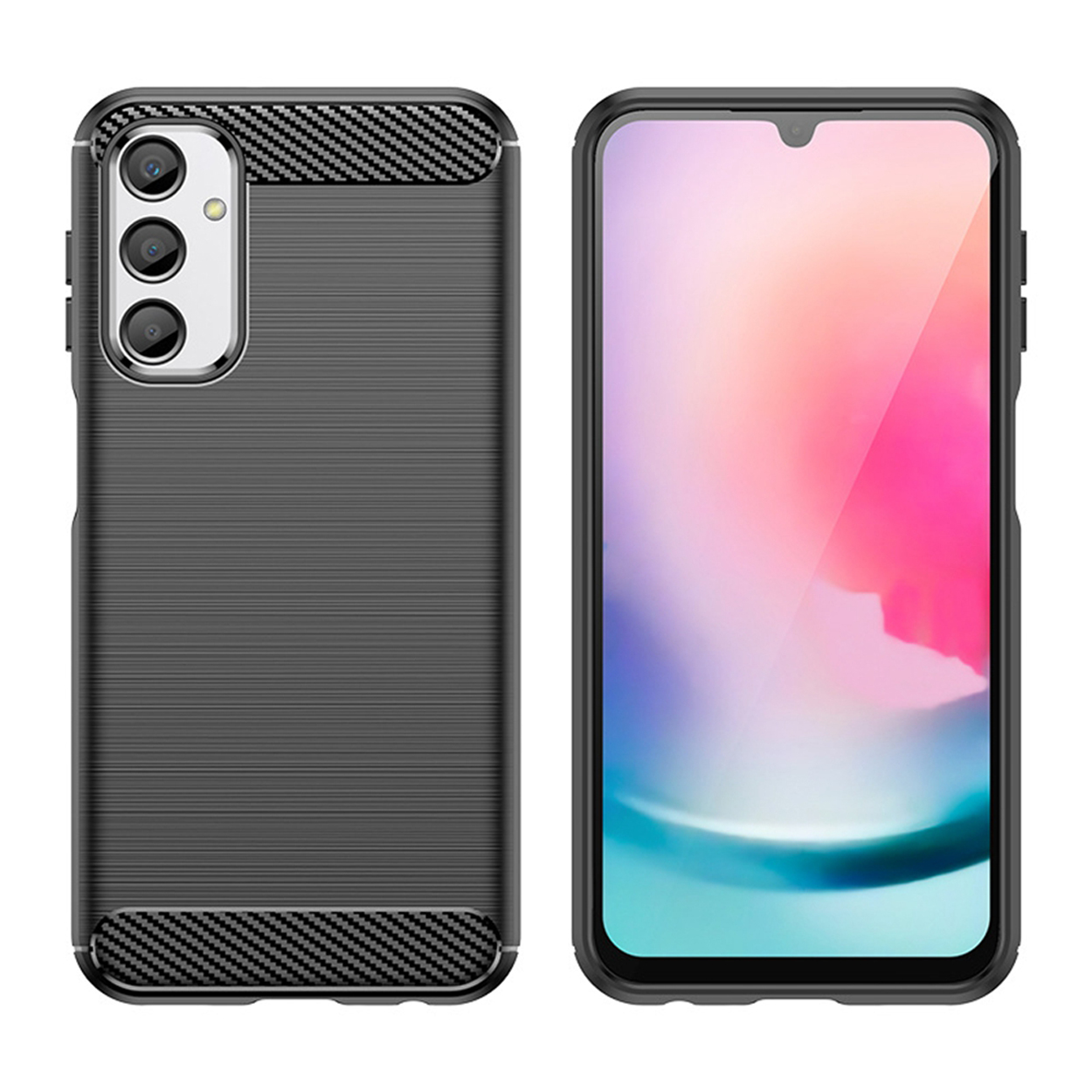 Deux téléphones, un avec étui, noir et texturé. L'écran de l'autre téléphone est visible.