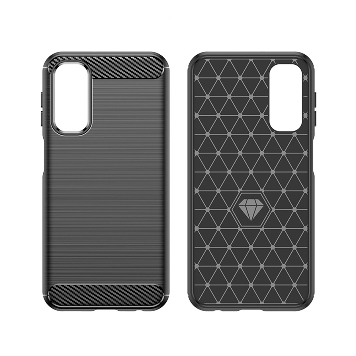 Deux coques de téléphone noires. Un côté présente un motif texturé et l'autre un motif en fibre de carbone.