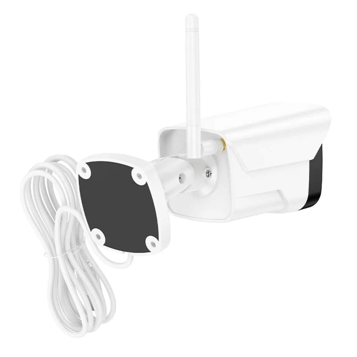 Weiße Überwachungskamera mit Antenne und schwarzem Sockel. Weißes Kabel ist befestigt.