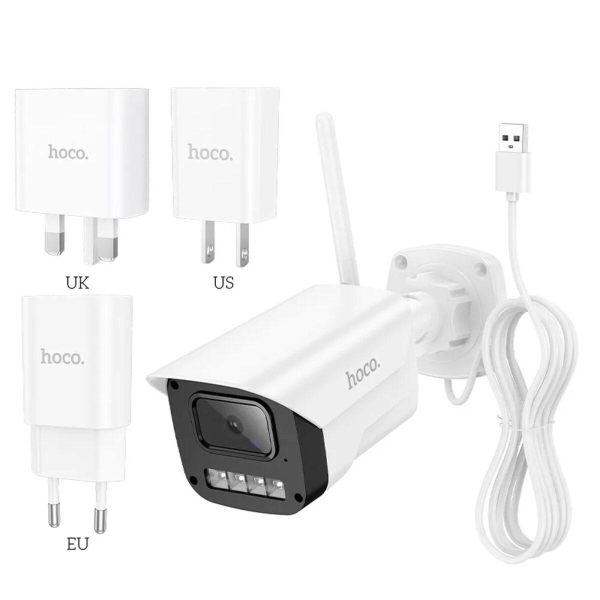 Weiße Überwachungskamera mit Ladegeräten und einem USB-Kabel. Ladegeräte sind für UK, US und EU.