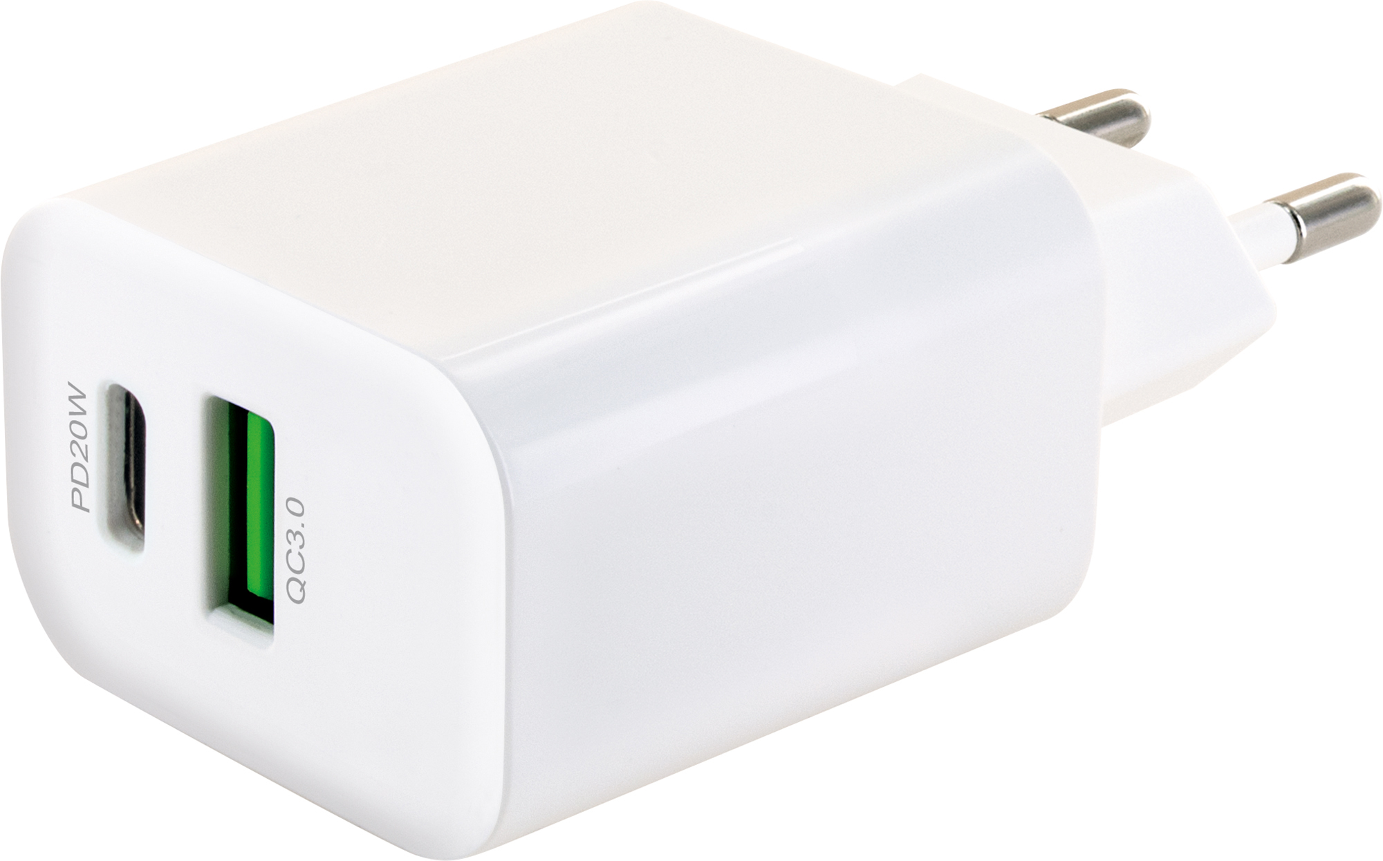 Weißes Ladegerät mit zwei Anschlüssen: einem USB-C PD20W und einem QC3.0 Anschluss. Grüne Farbe sichtbar.