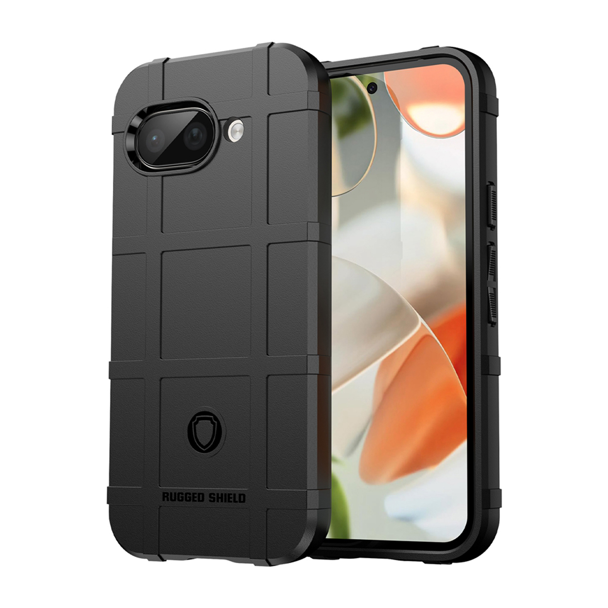 Zwarte Rugged Shield telefoonhoes, met de camera en het Rugged Shield logo.