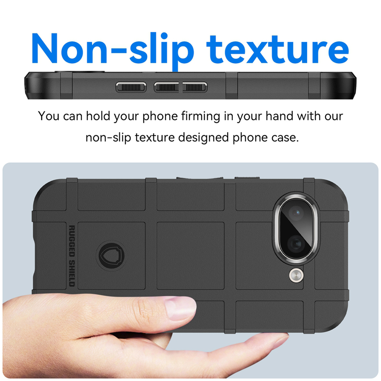 Zwarte Rugged Shield telefoonhoes met antislip textuur, hand houdt de telefoon vast.