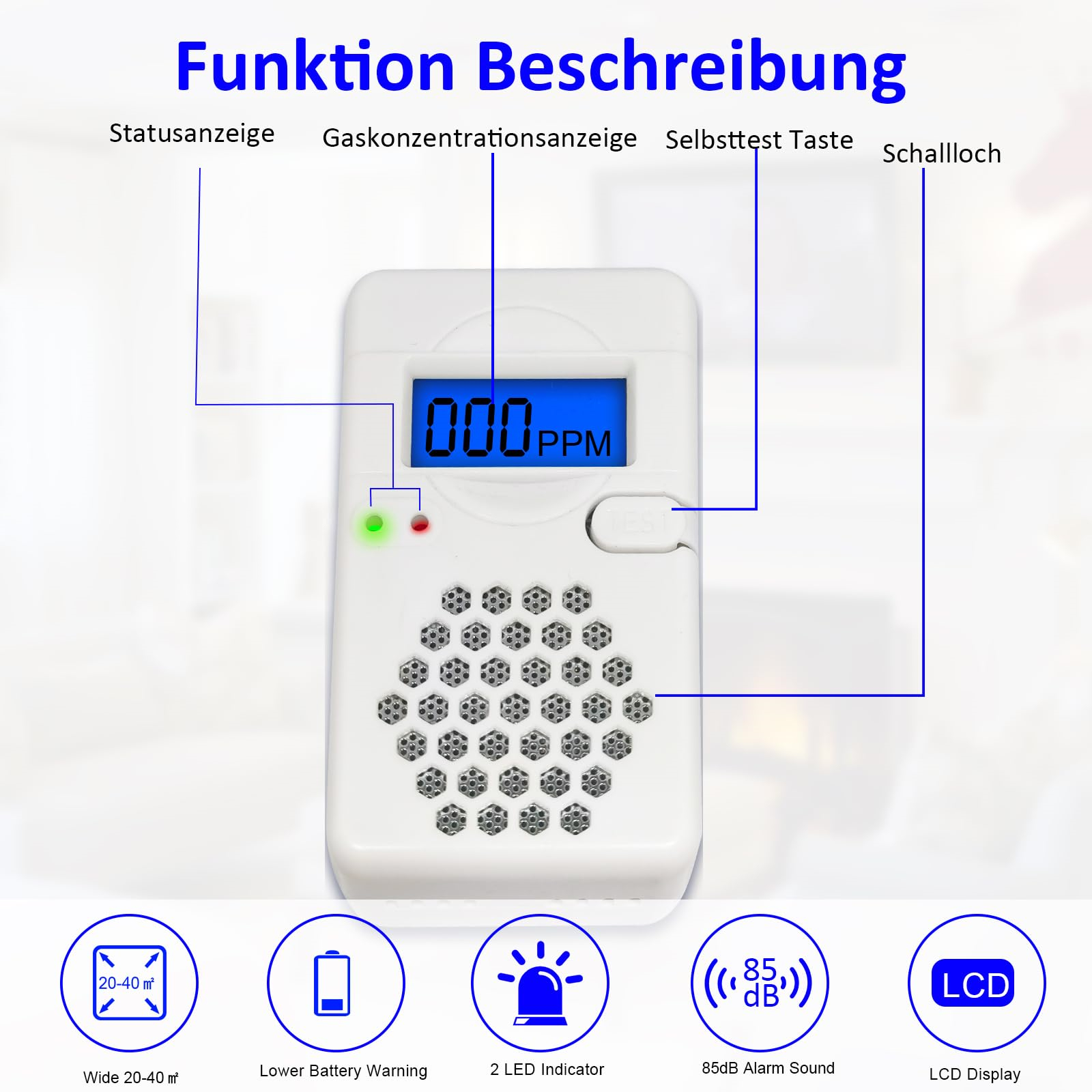 Weißer Kohlenmonoxid-Detektor mit Anzeige von 000 PPM. Eine grüne und rote Kontrollleuchte sind abgebildet.