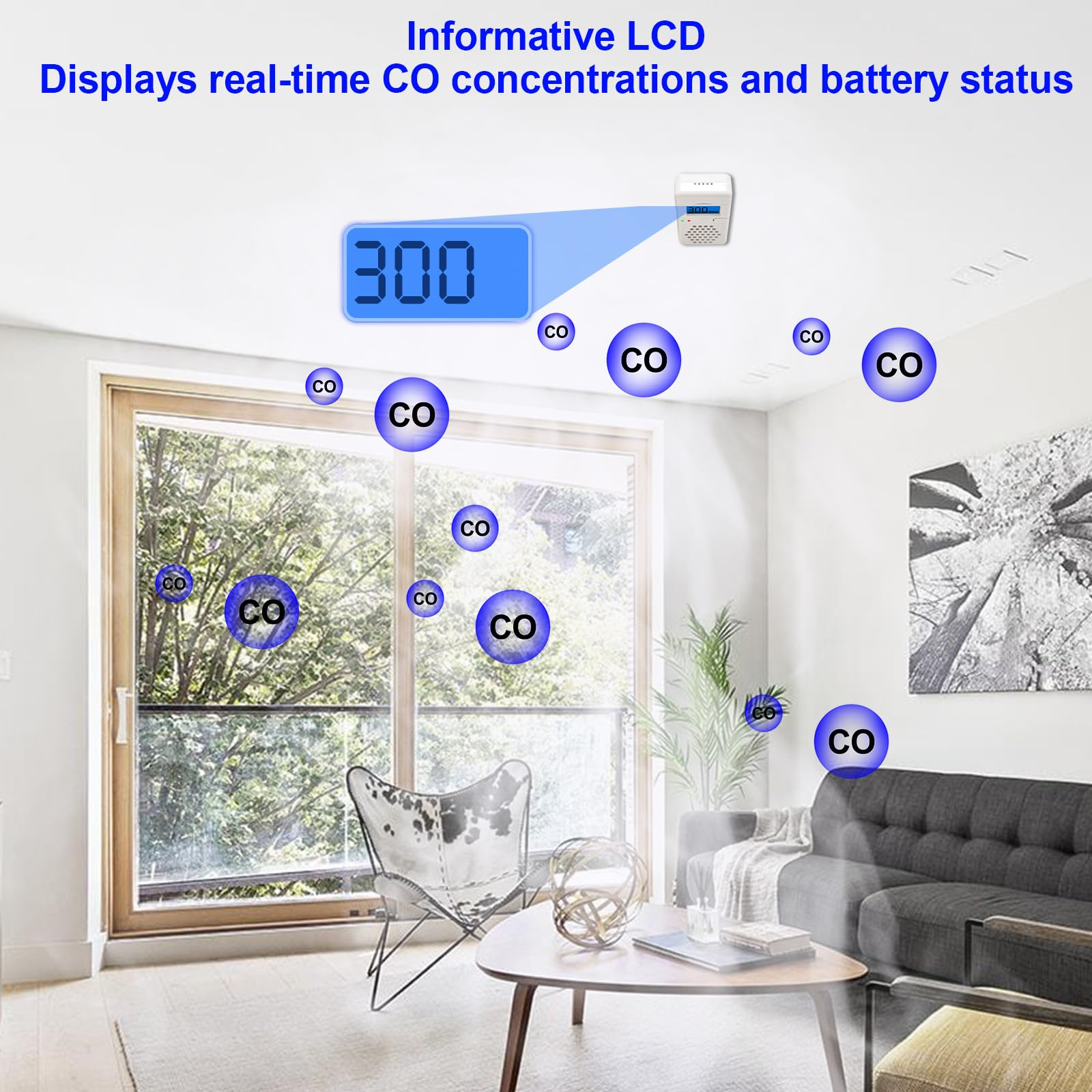 Innenszene mit CO-Detektoren, die 300 PPM anzeigen, CO-Blasen und einem Fensterblick.