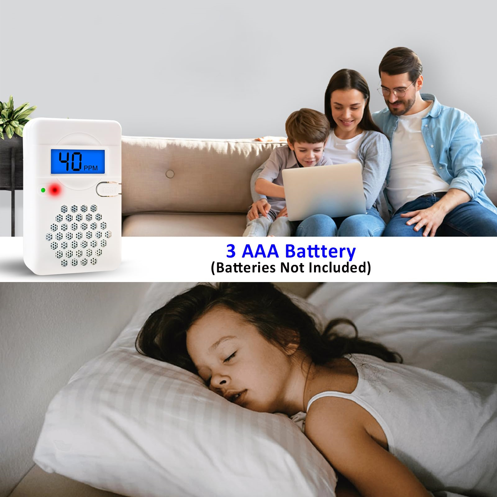CO-Detektor zeigt 40 PPM, Familie und schlafendes Kind. Batterien nicht enthalten.