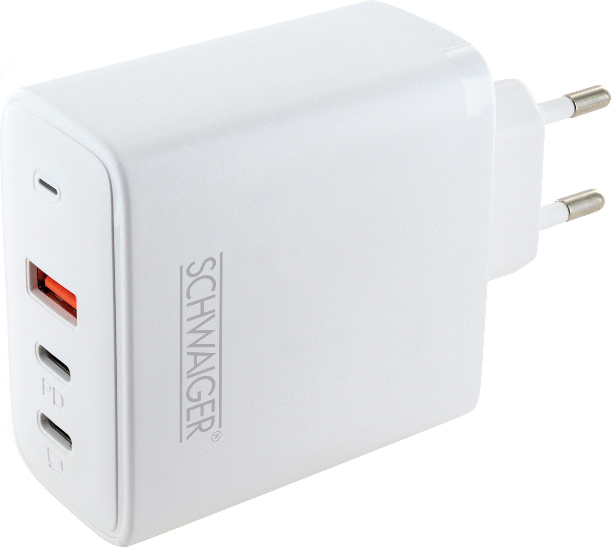 Ein weißes SCHNAIGER-Ladegerät mit zwei USB-Anschlüssen und einem Typ-C-Anschluss.