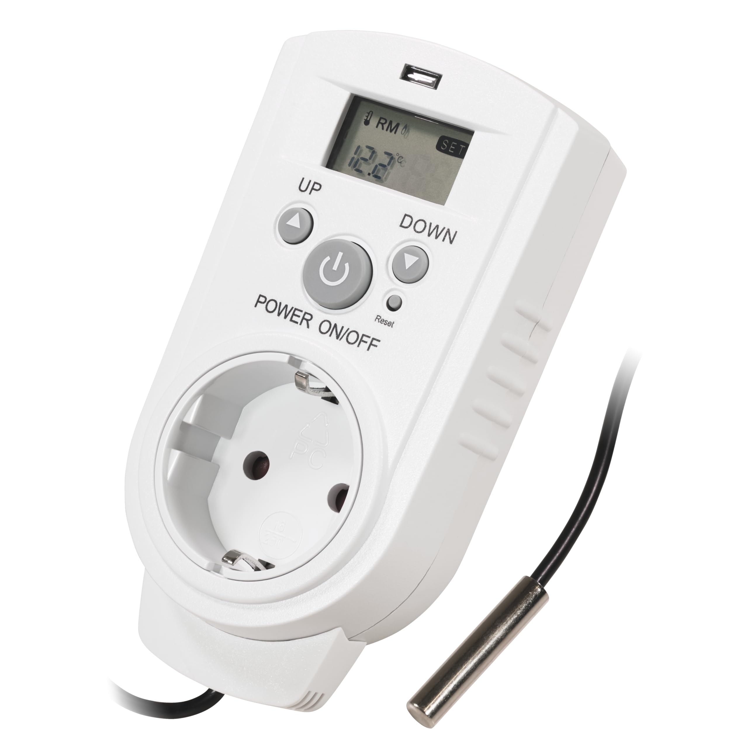 Ein weißes Thermostat mit Display, Tasten und Steckdose. Eine Sonde ist damit verbunden.