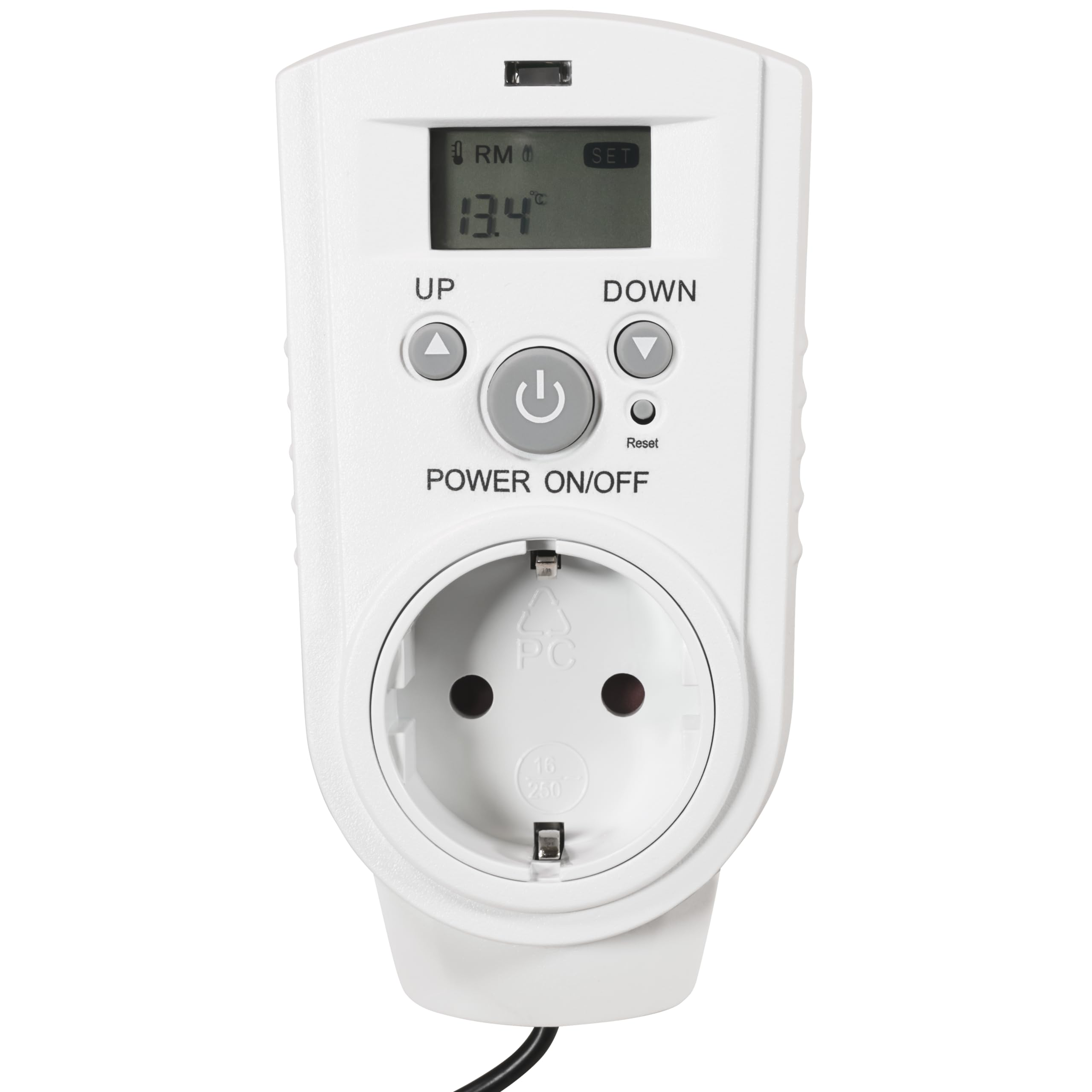 Weißes Thermostat mit Digitalanzeige 13,4°C, Steckdose und schwarzem Kabel.