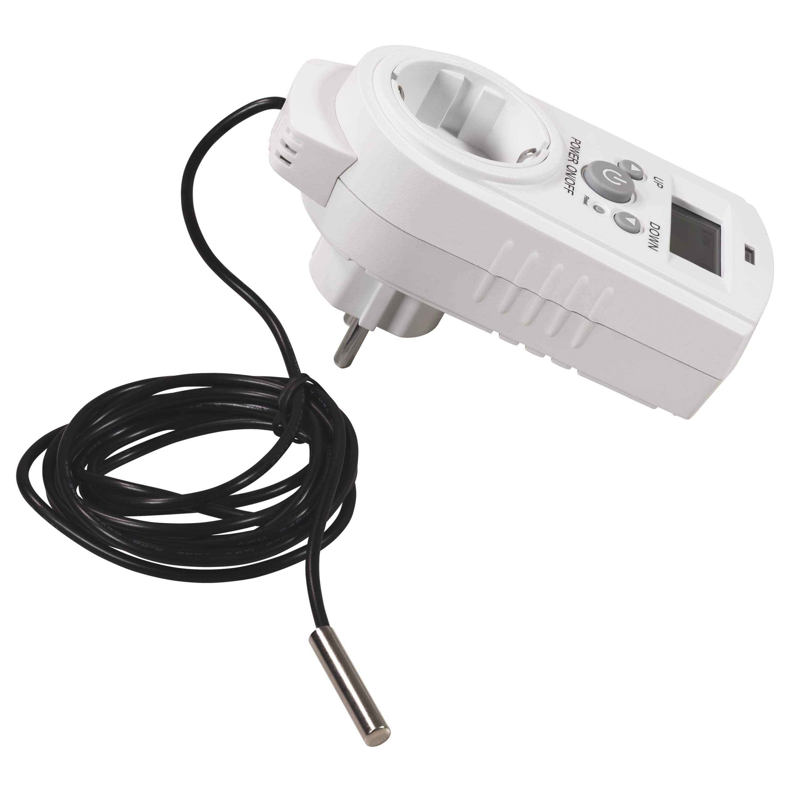Ein weißes Thermostat mit schwarzem Kabel und Sensor. Die Steckdose ist sichtbar.