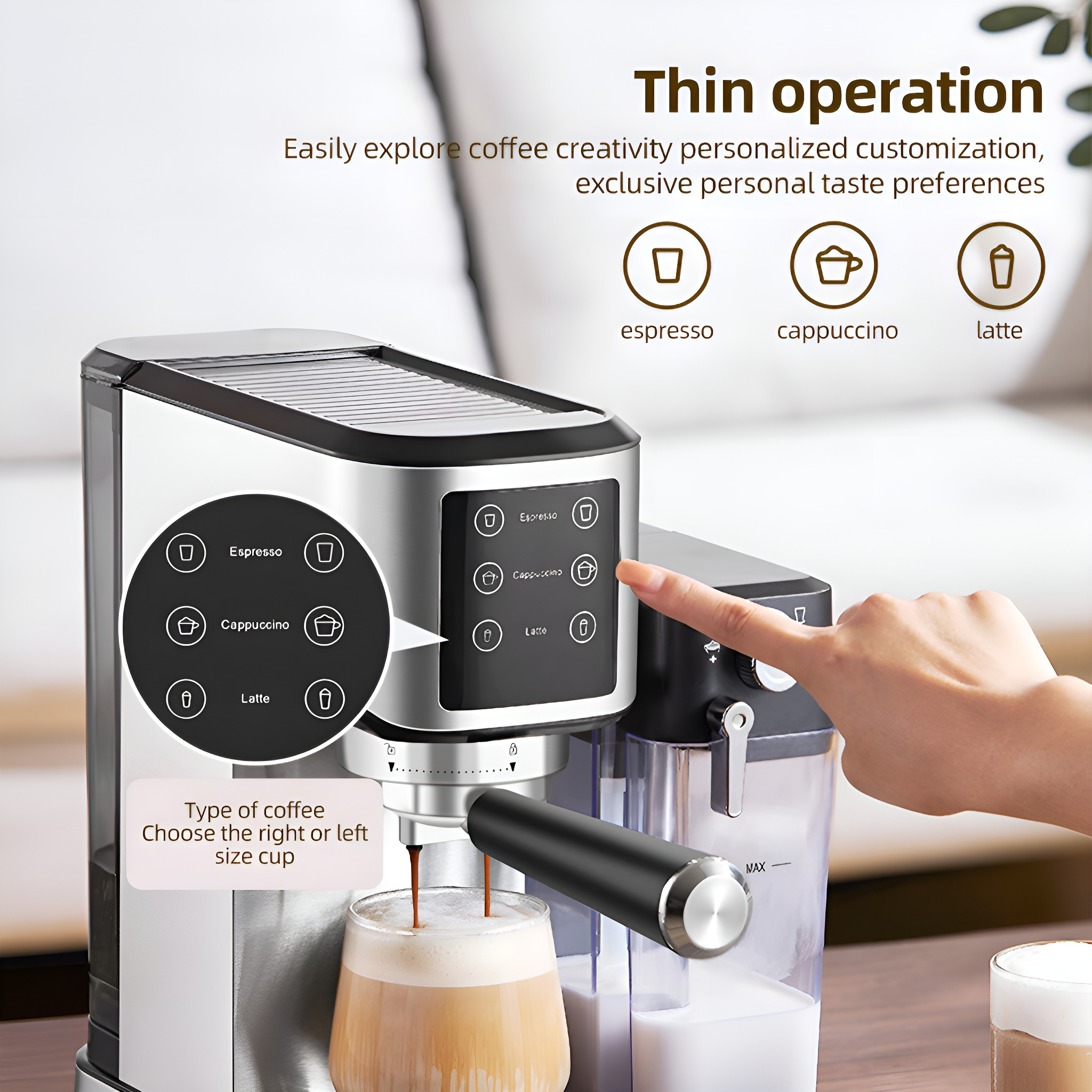 Eine silber-schwarze Kaffeemaschine mit Optionen für Espresso, Cappuccino und Latte. Eine Hand ist vorhanden.