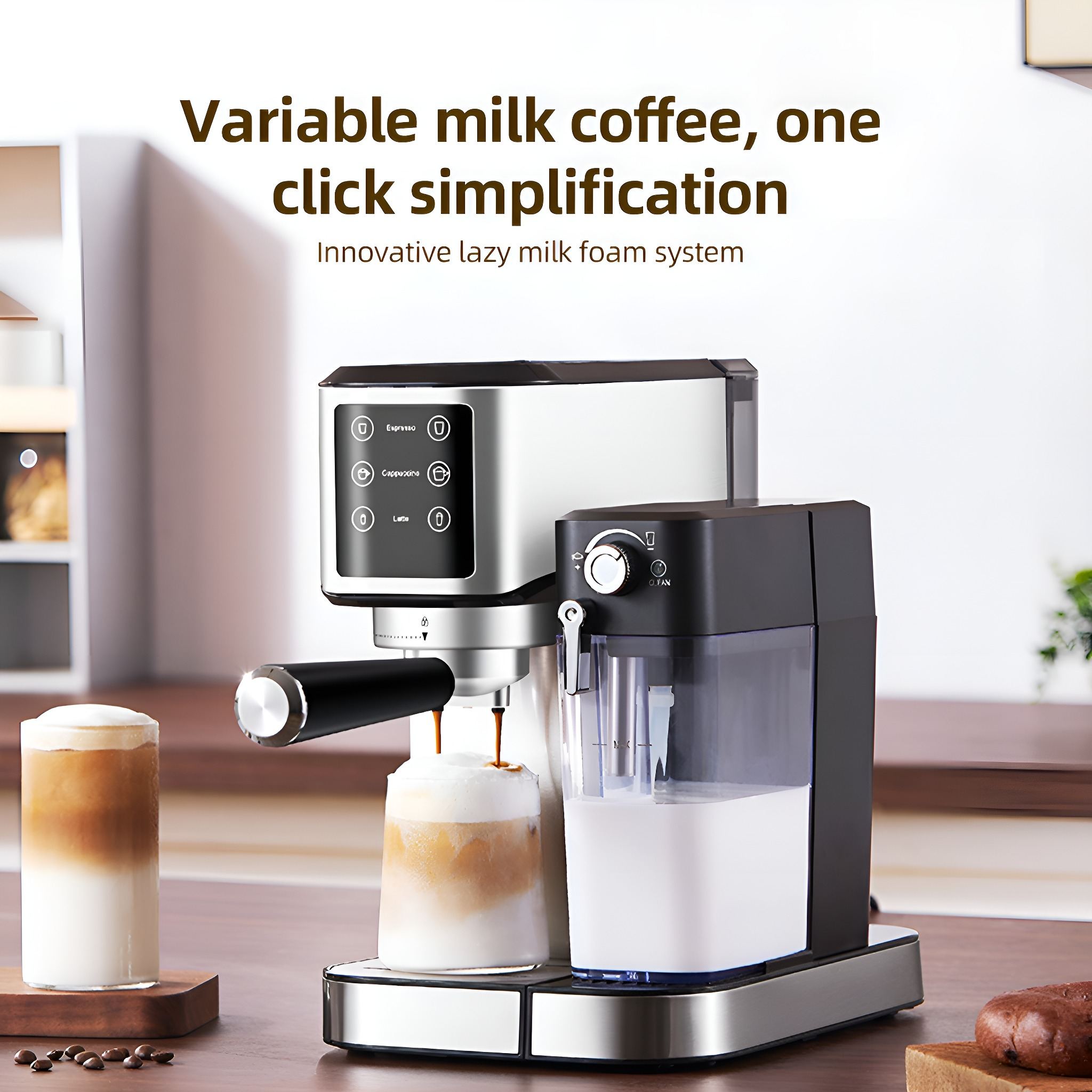 Espressomaschine, die Latte zubereitet. Milch wird in ein Kaffeeglas gegossen. Text: Variabler Milchkaffee.