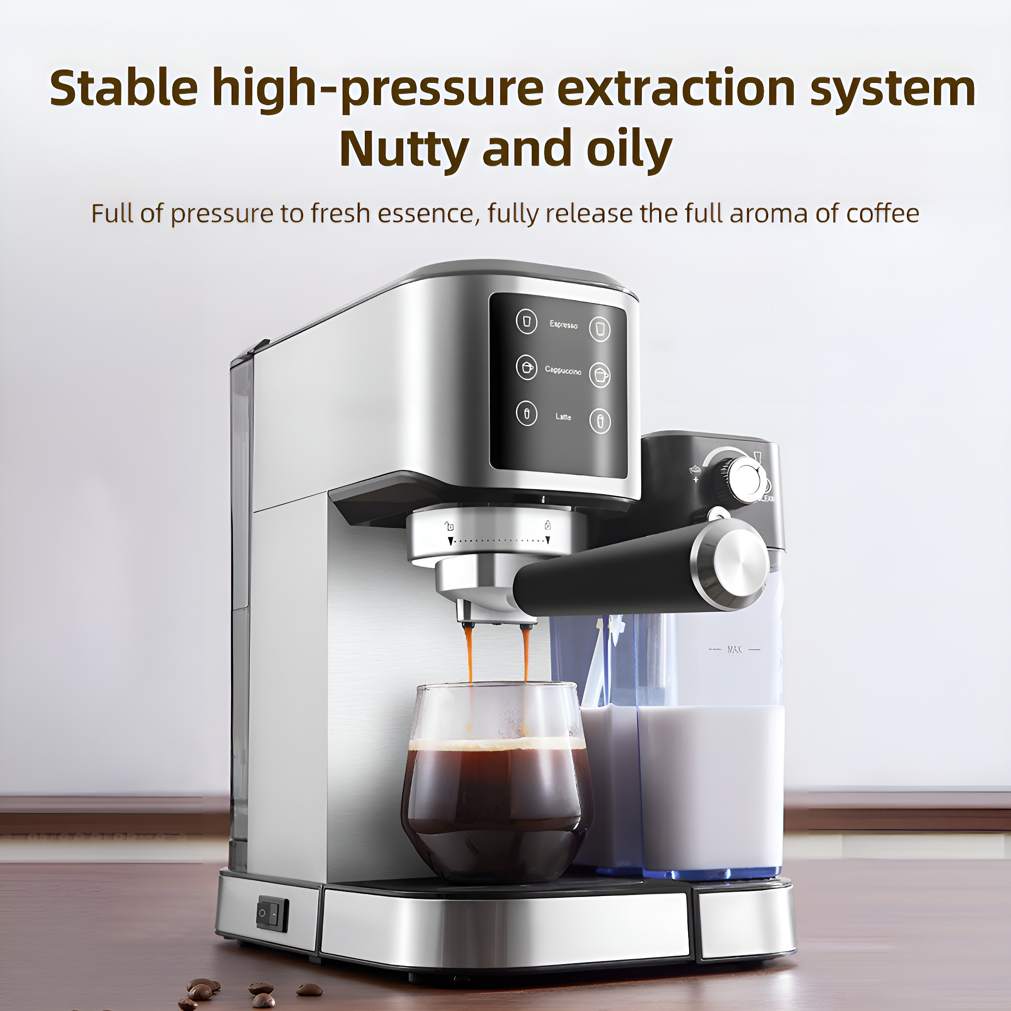 Espressomaschine, die Kaffee in ein Glas ausgibt. Text: Stabiles Hochdruck-Extraktionssystem. Nussig und ölig.