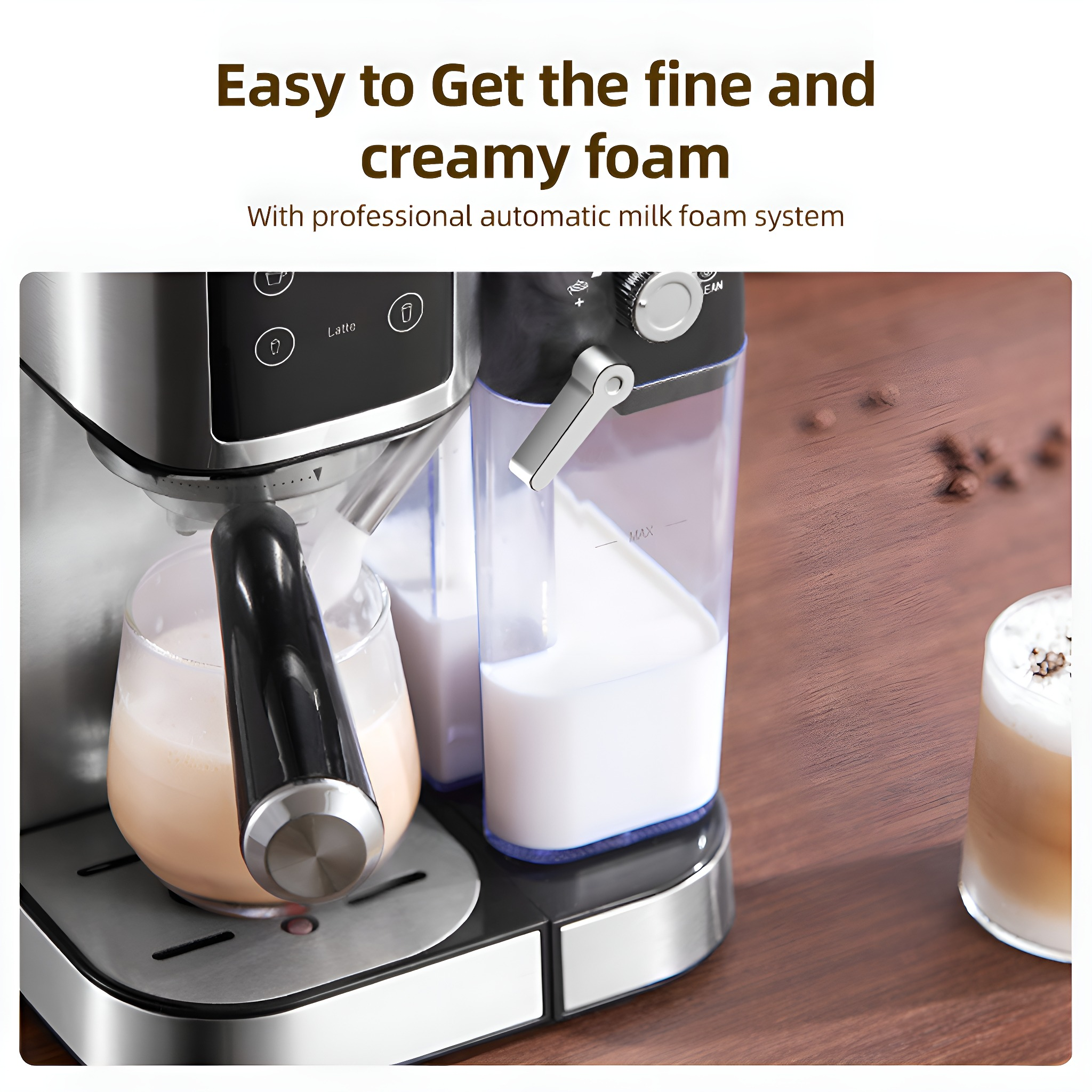 Espressomaschine mit Milchaufschäumsystem, Nahaufnahme des Vorgangs.