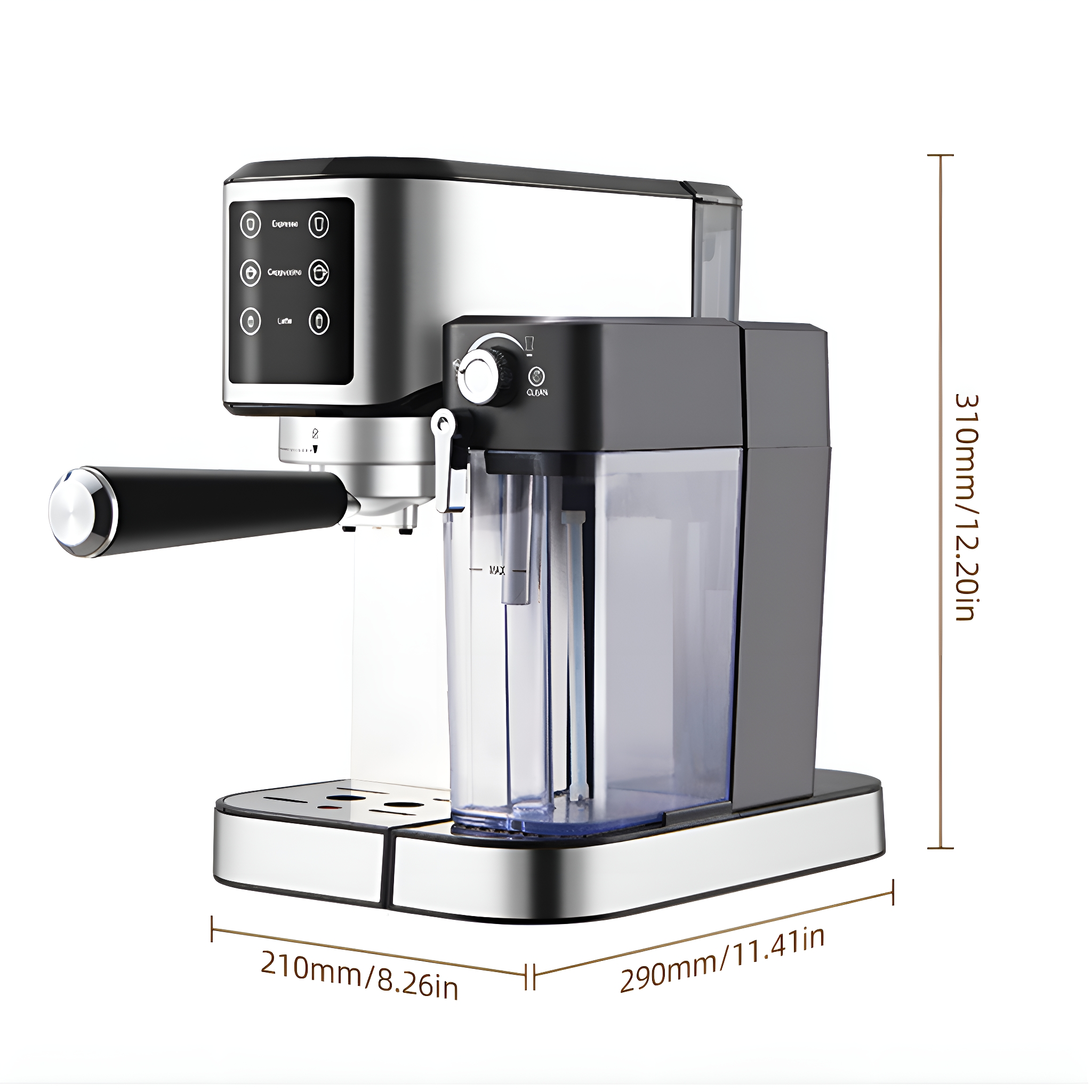 Eine Espressomaschine mit Maßangaben. Es ist ein silbernes und schwarzes Gerät.
