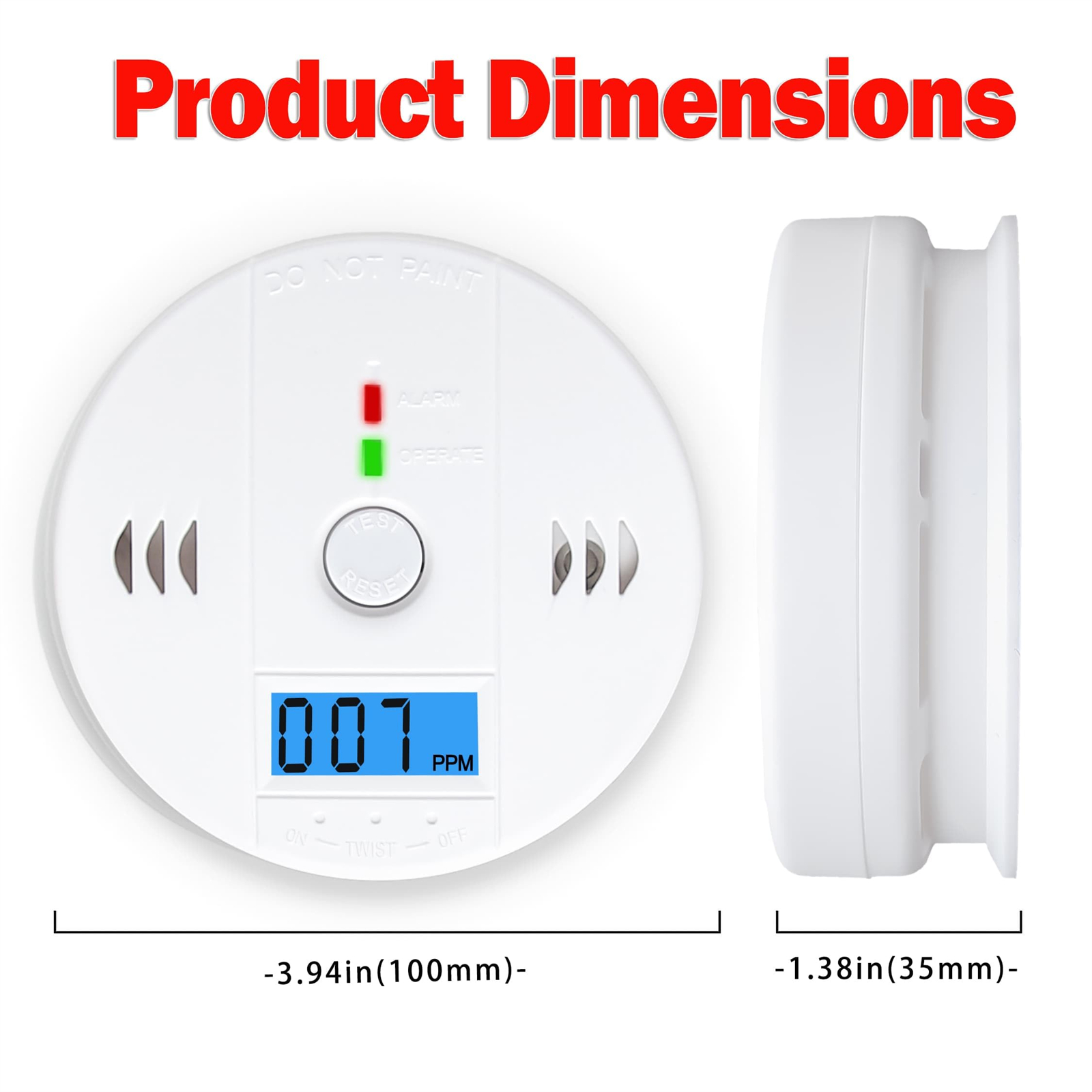 Weißer Kohlenmonoxid-Detektor mit LCD-Display. Liest 007 PPM. Produktabmessungen: 3,94 Zoll x 1,38 Zoll.