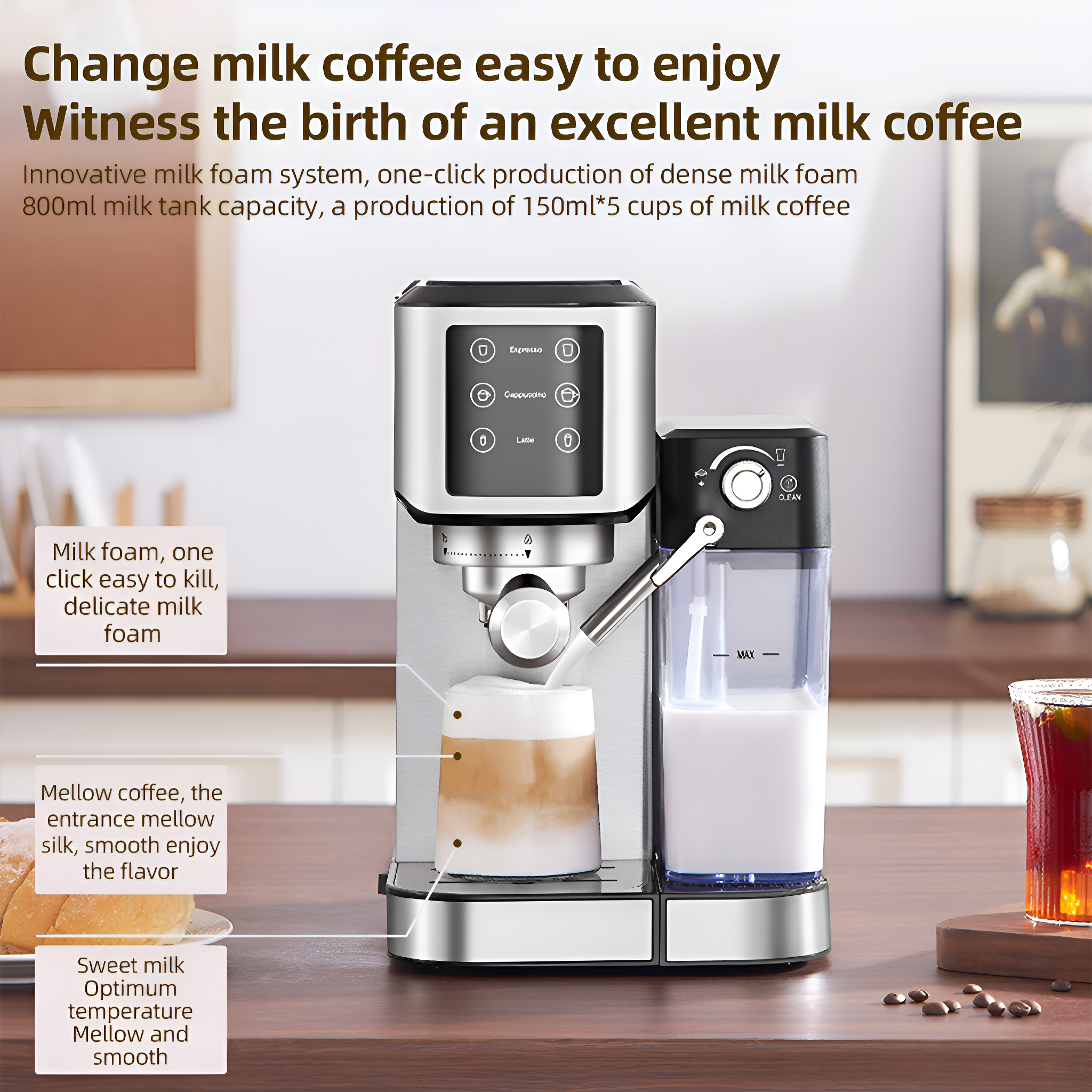 Espressomaschine, die Kaffee mit Milchschaum zubereitet. Text: Milchkaffee einfach genießen. Milchschaum, milder Kaffee.