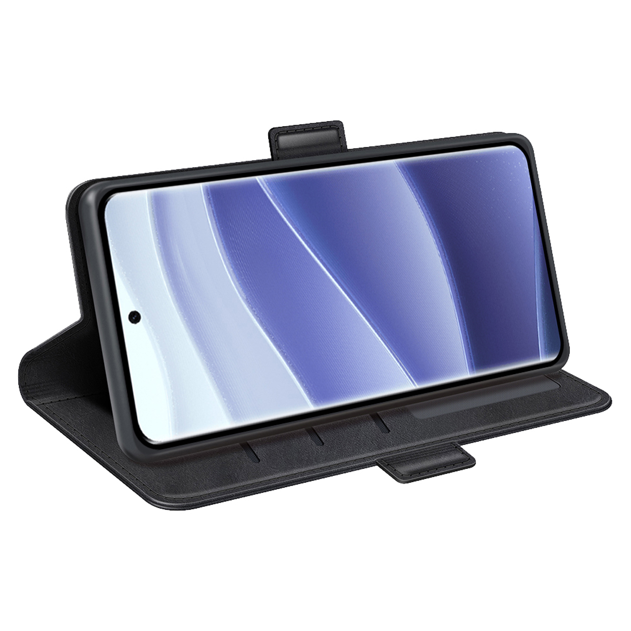 Zwarte telefoonhoes open, met het scherm van de telefoon. Het scherm toont een blauw-paarse achtergrond.
