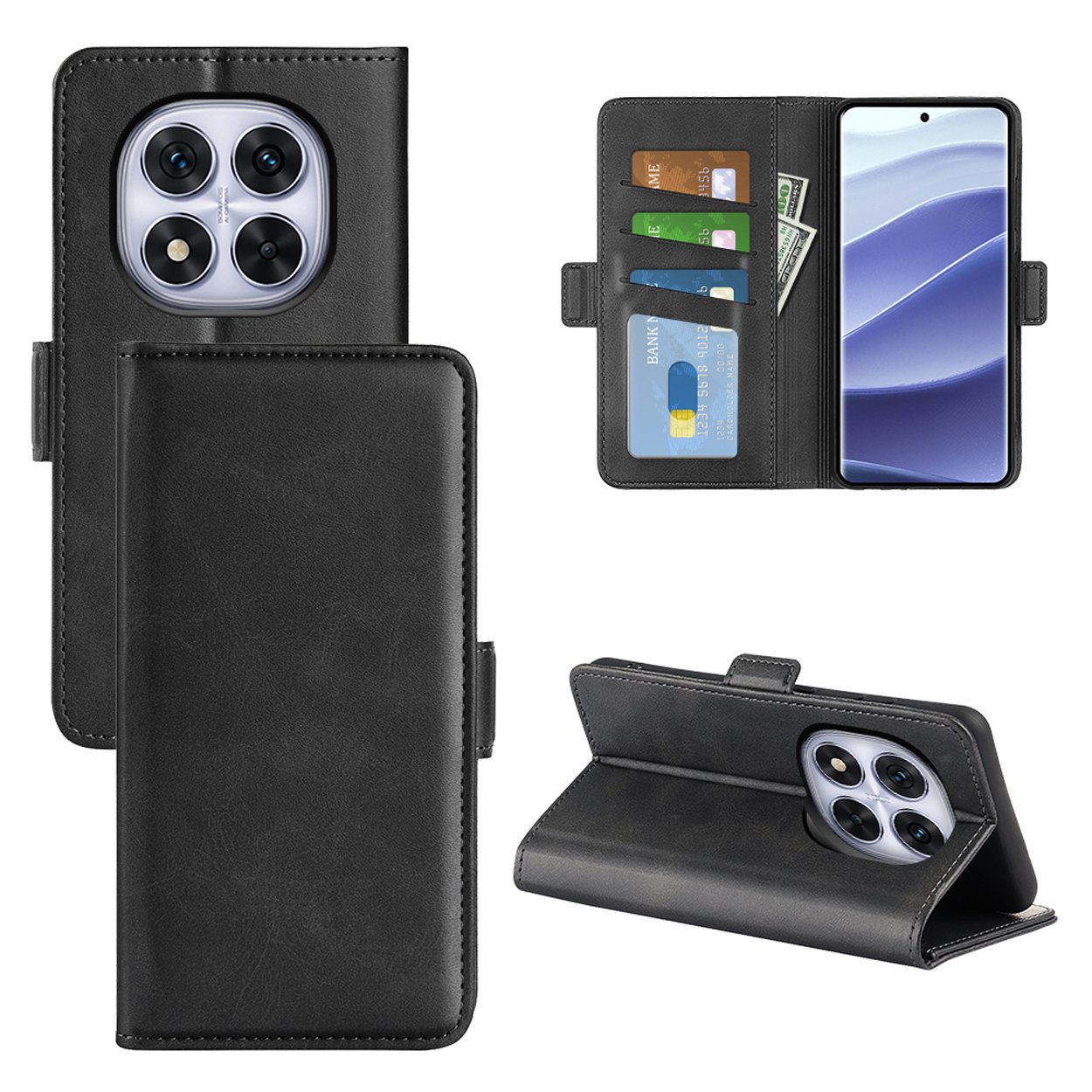 Zwarte telefoonhoes met portemonnee-functies, met telefoon, kaartsleuven en een magnetische sluiting.