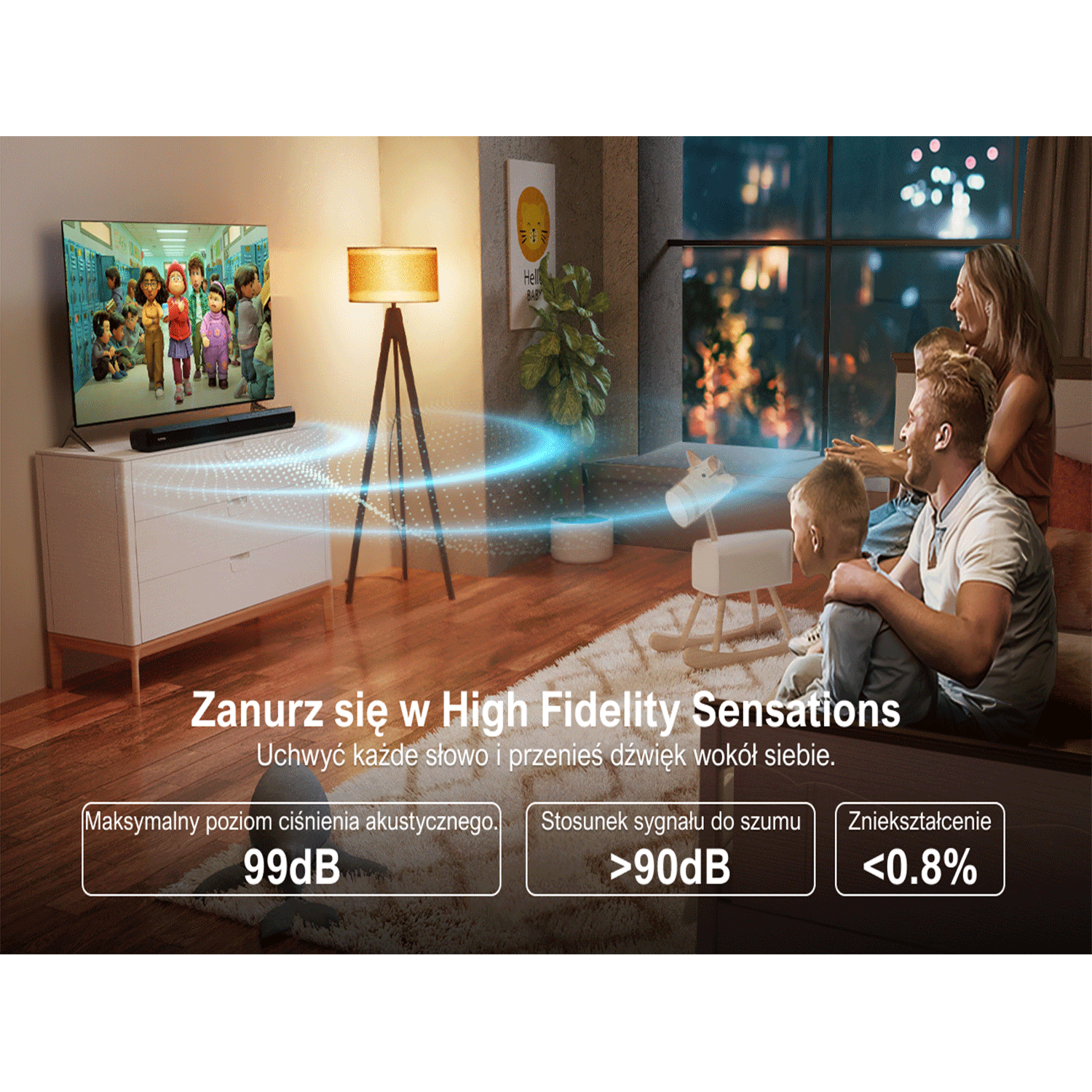 Scena w salonie z telewizorem, soundbarem, rodziną i tekstem o dźwięku wysokiej wierności. Pokazane są statystyki.