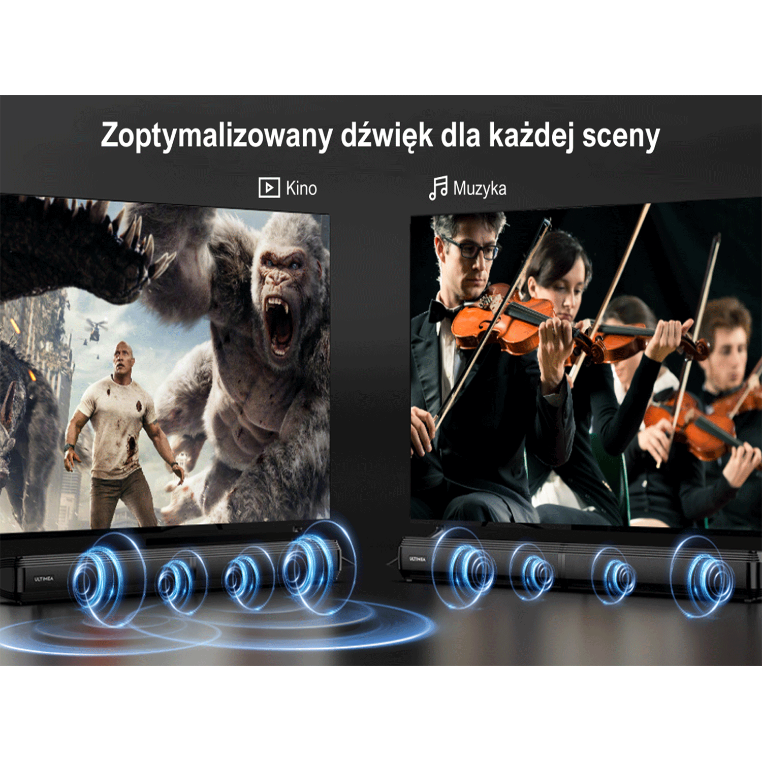Dwie sceny: scena filmowa z gorylem i scena muzyczna z kwartetem smyczkowym, obie z soundbarami.