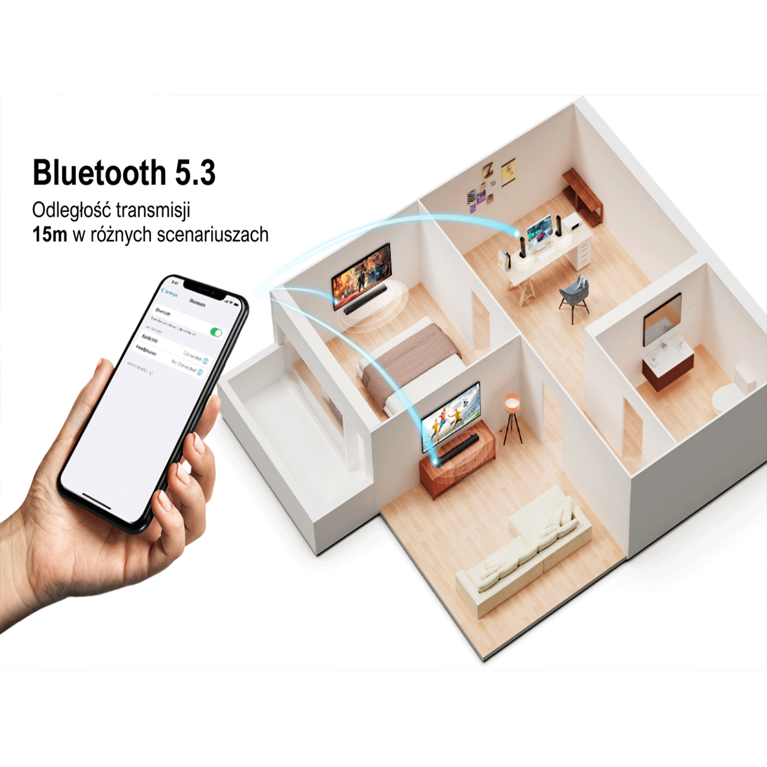 Osoba trzymająca telefon z konfiguracją inteligentnego domu. Model domu z urządzeniami Bluetooth.