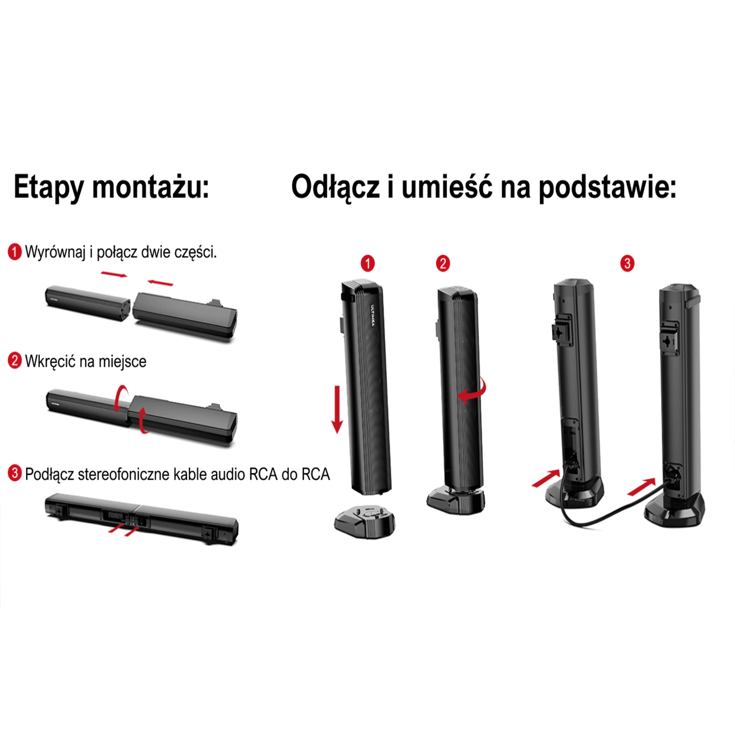 Instrukcje montażu systemu soundbar. Zawiera schematy części i kroki połączeń.