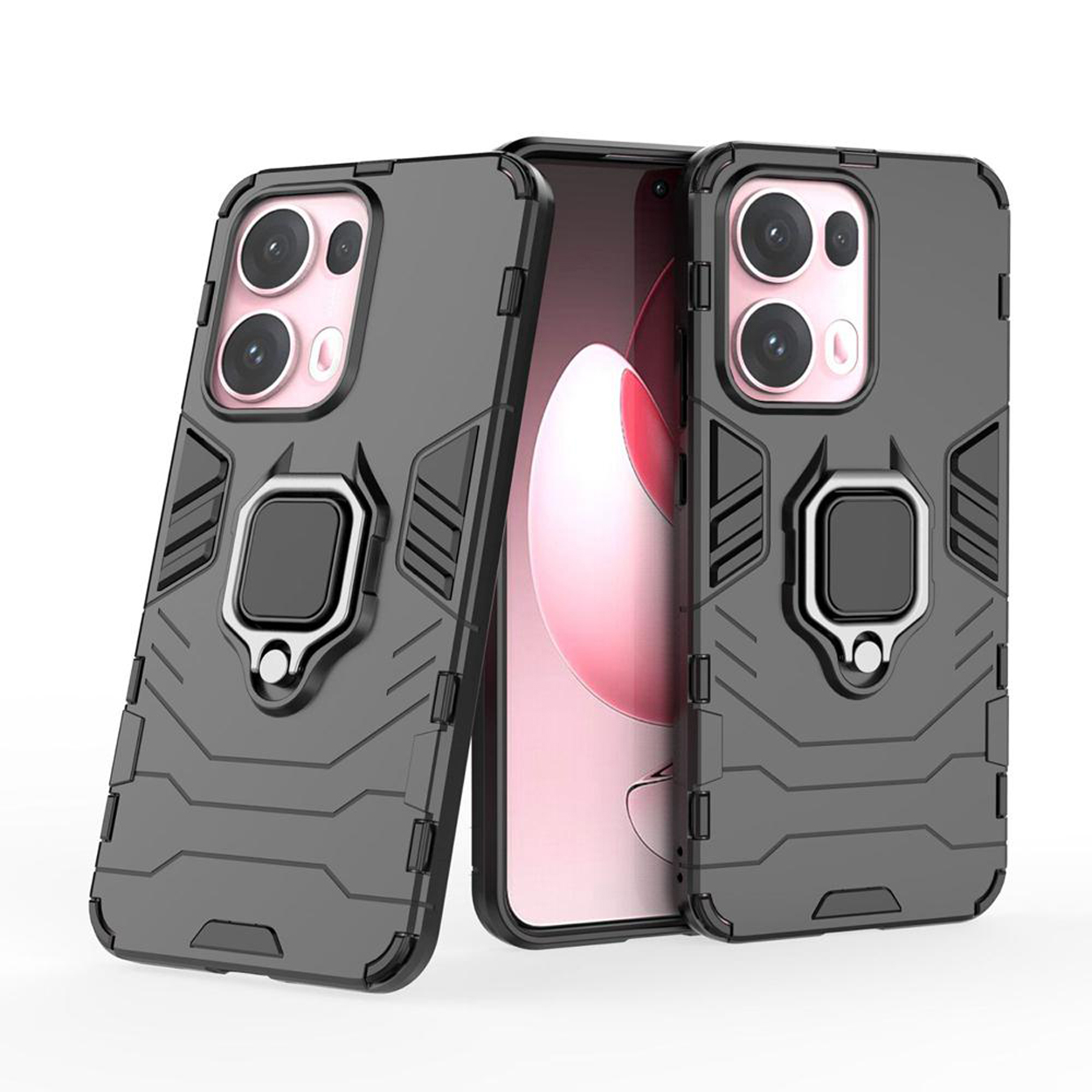 Trois coques de téléphone grises avec des accents noirs et des supports à anneaux, une avec écran rose.