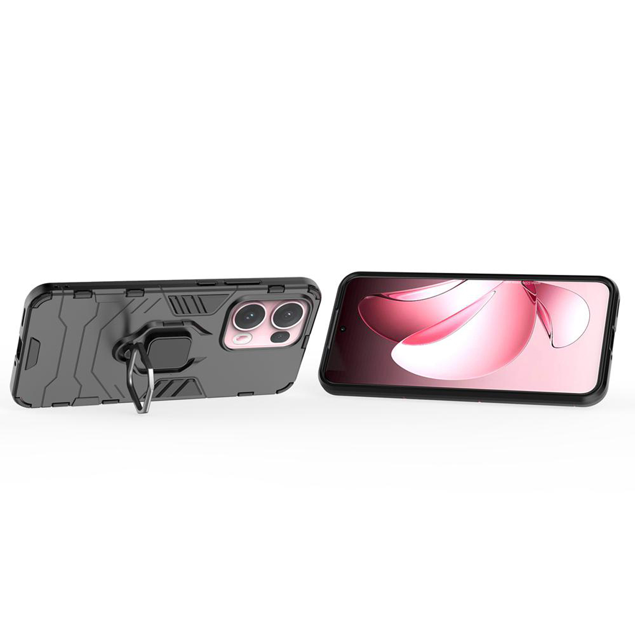 Deux coques de téléphone grises avec supports à anneaux, une avec un design rose sur l'écran.