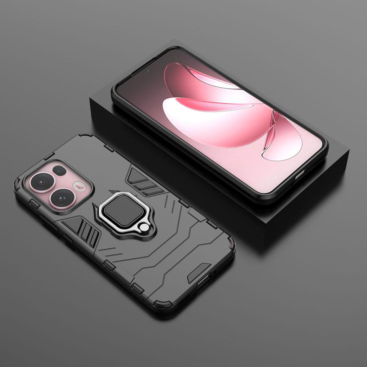 Deux téléphones : un dans un étui avec un support d'anneau, et un autre avec un écran affichant un design rose.