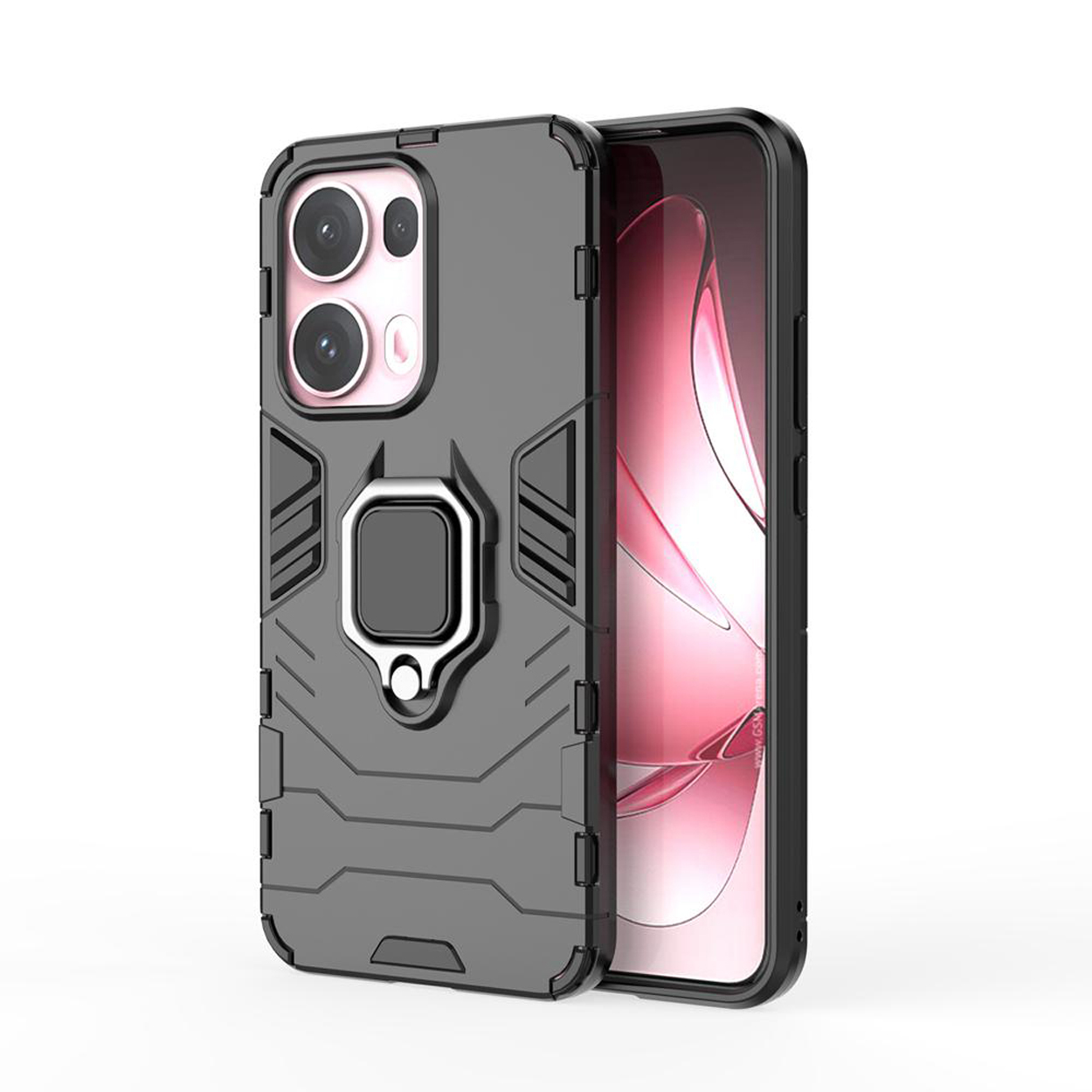 Une coque de téléphone grise avec des accents noirs et un support à anneau, affichant un design rose.