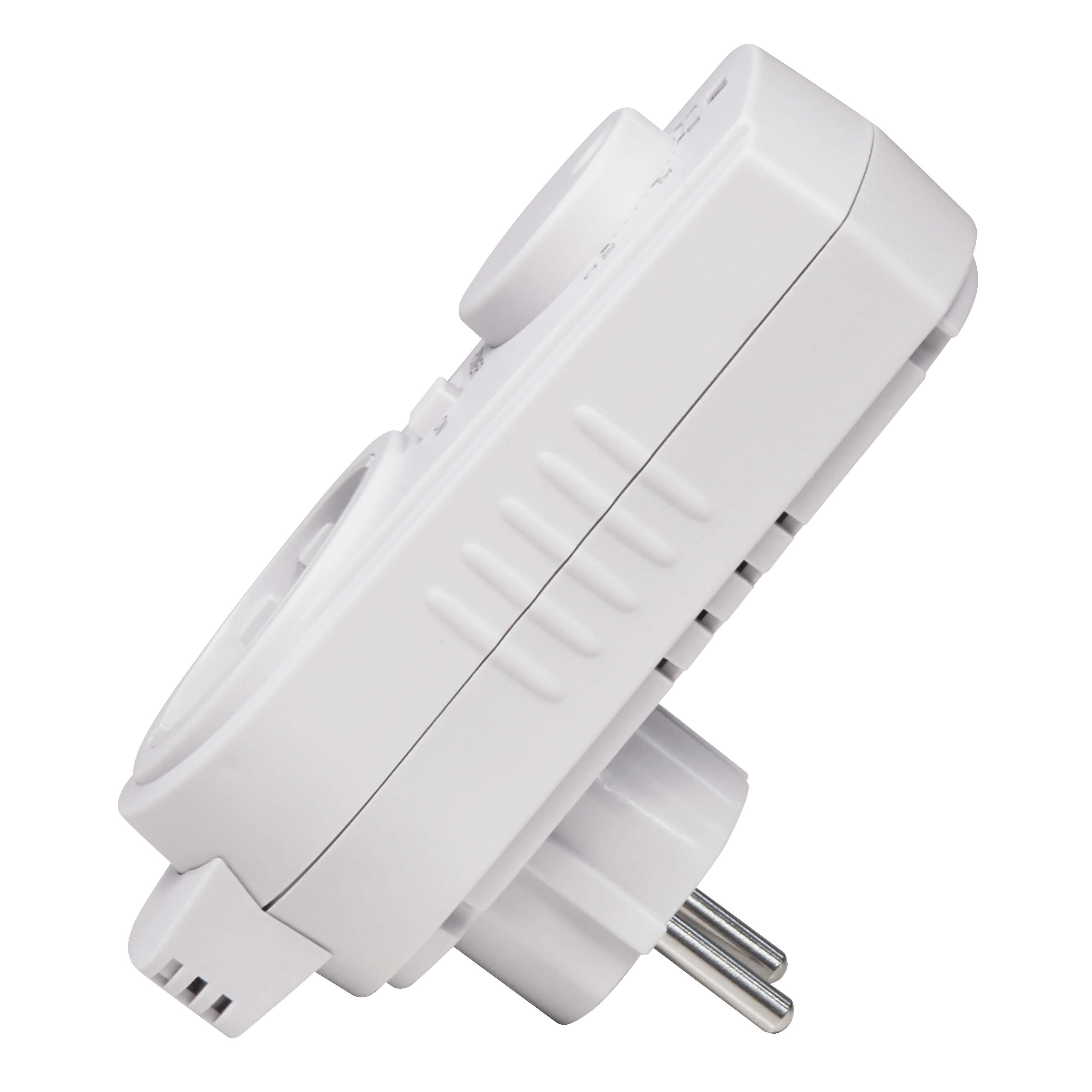 Weißer elektrischer Adapter mit zwei Stiften.