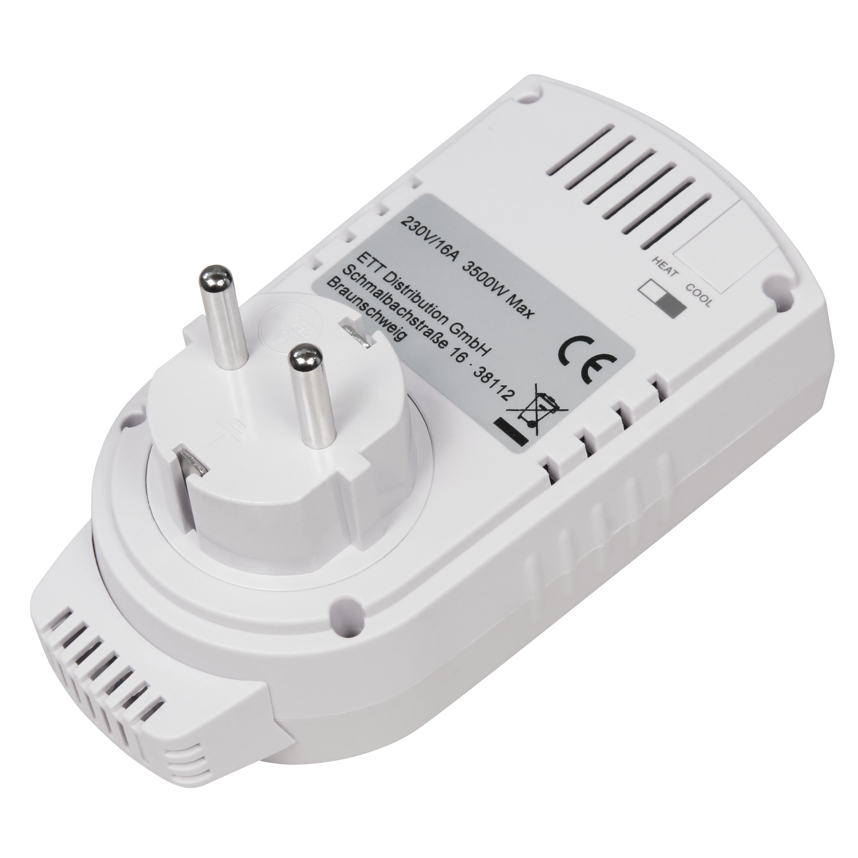 Ein weißer elektrischer Stecker vor schwarzem Hintergrund. Er hat einen Stecker und eine Reihe von Lüftungsschlitzen.