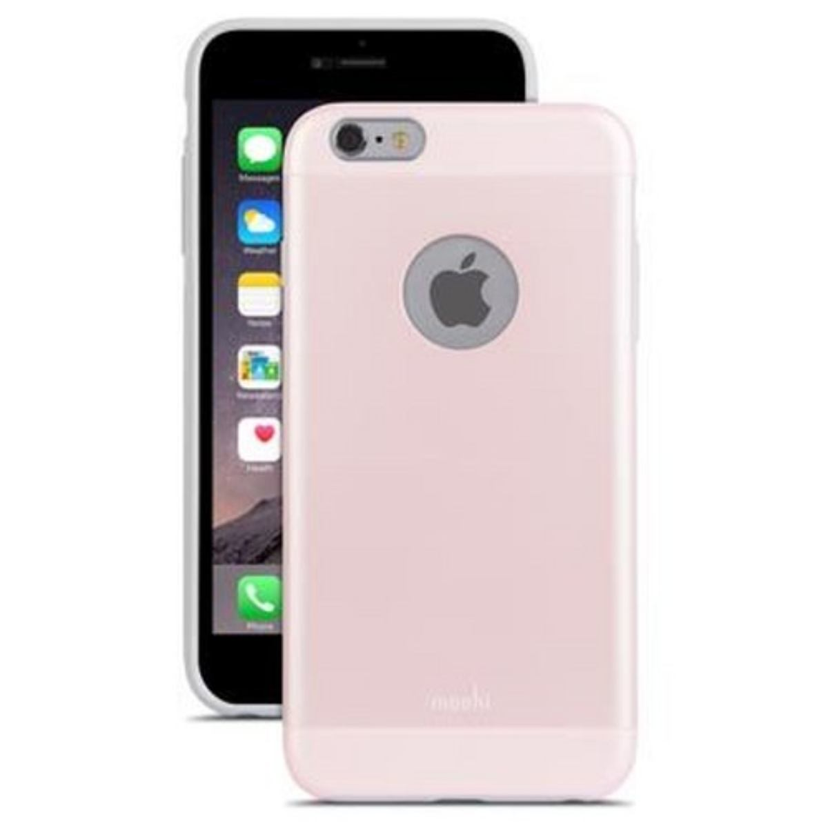 iPhone con custodia rosa, sfondo bianco.