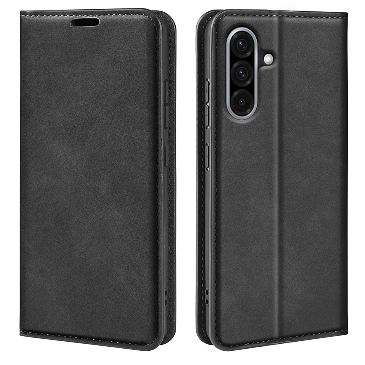 Coque noire, ouverte pour montrer le téléphone à l'intérieur.