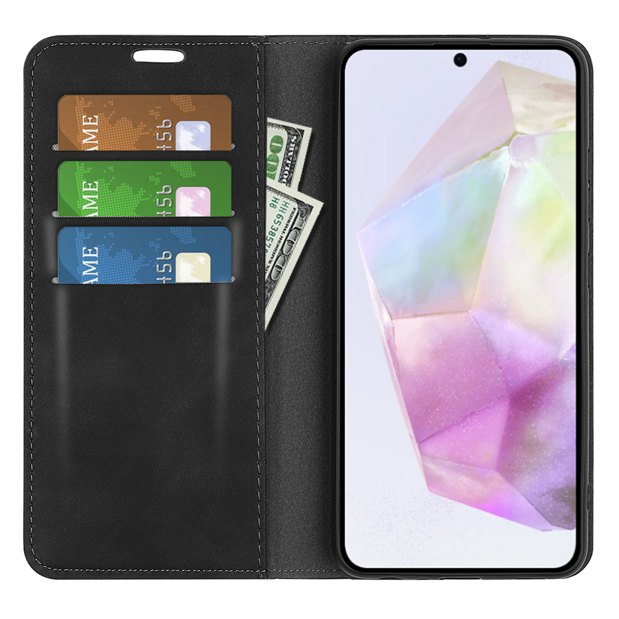Coque noire avec cartes et écran de téléphone.
