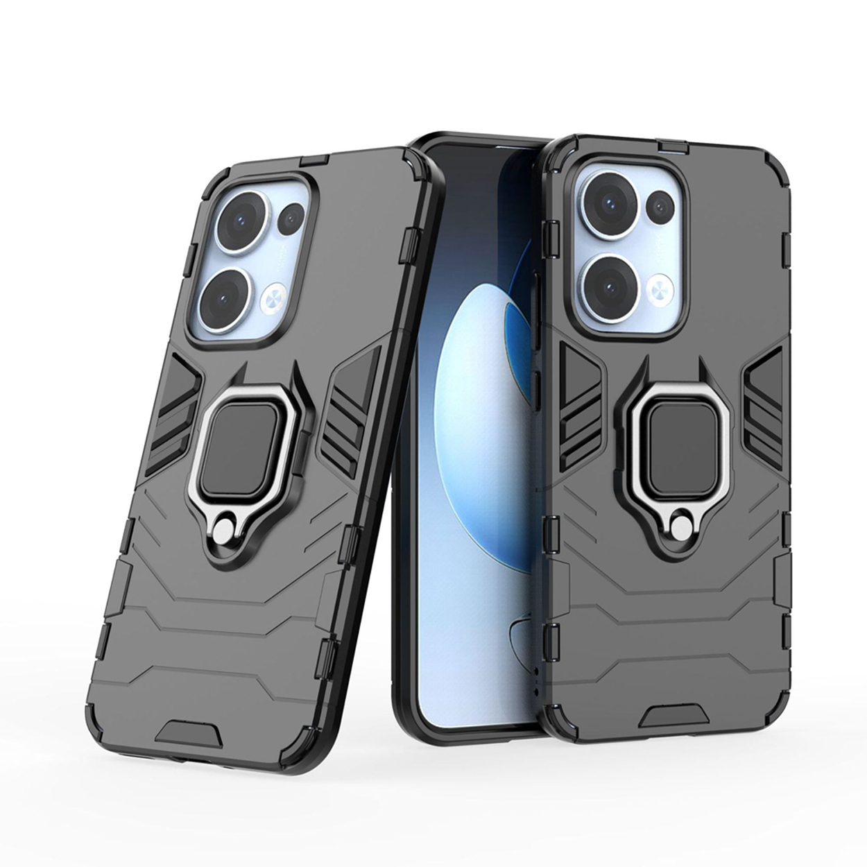 Twee grijze telefoonhoesjes met ringhouders en een telefoon in het midden.