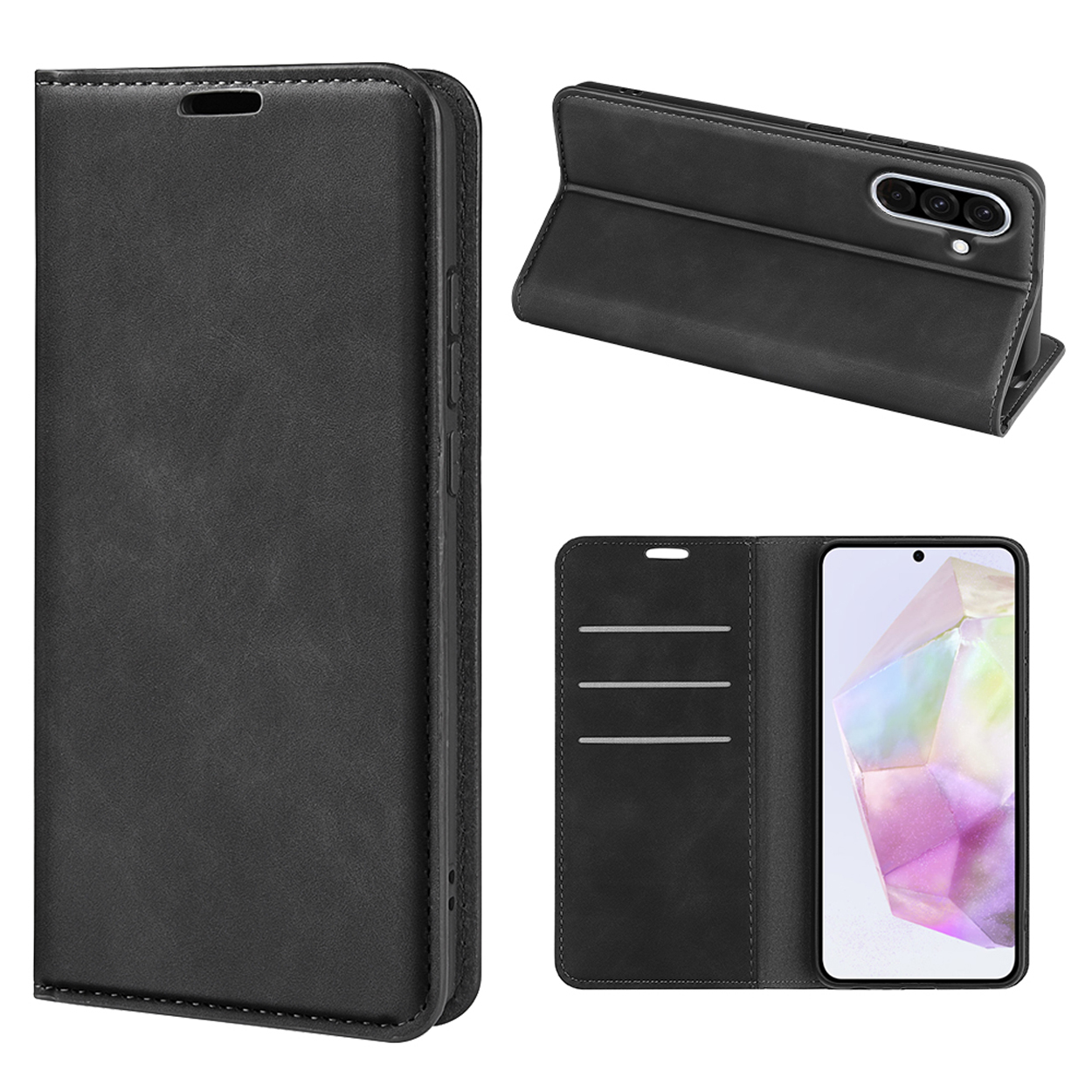 Coques de téléphone noires dans différentes positions.