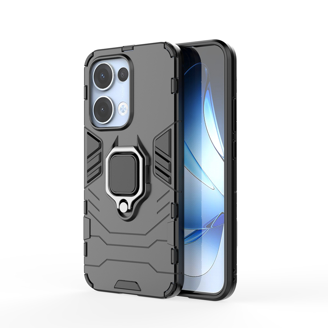 Grijze telefoonhoes met ringhouder, beschermt een telefoon. Witte achtergrond.