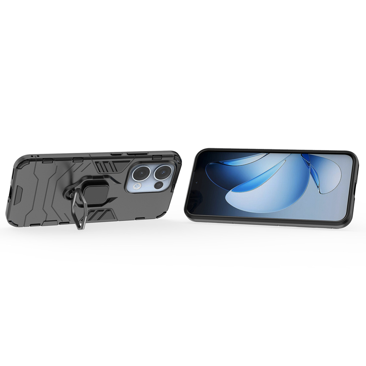 Twee telefoonhoesjes met telefoons, één met ringstandaard.