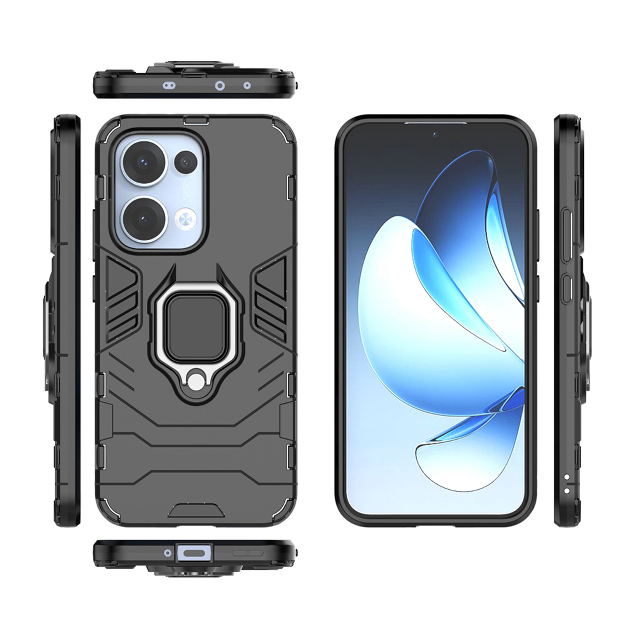 Zwart telefoonhoesje met ringstandaard en telefoon.