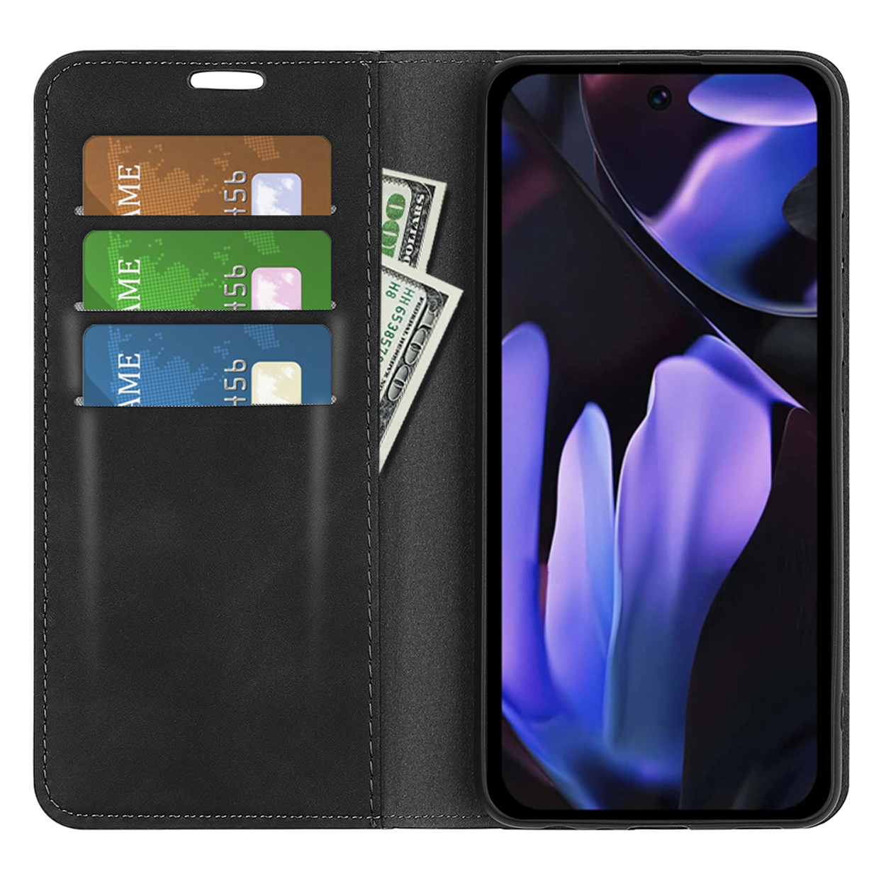 Zwarte telefoonhoes open, met kaarten en geld erin. Telefoonscherm toont een paars ontwerp.
