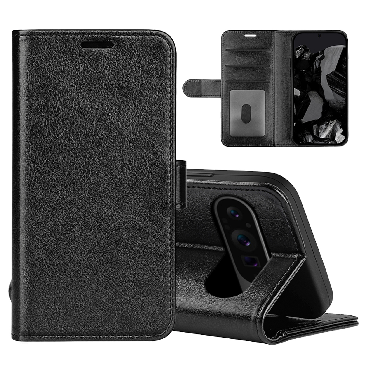 Zwarte leren telefoonhoes, opengeklapt, met kaartsleuven en een telefoon met een scherm.