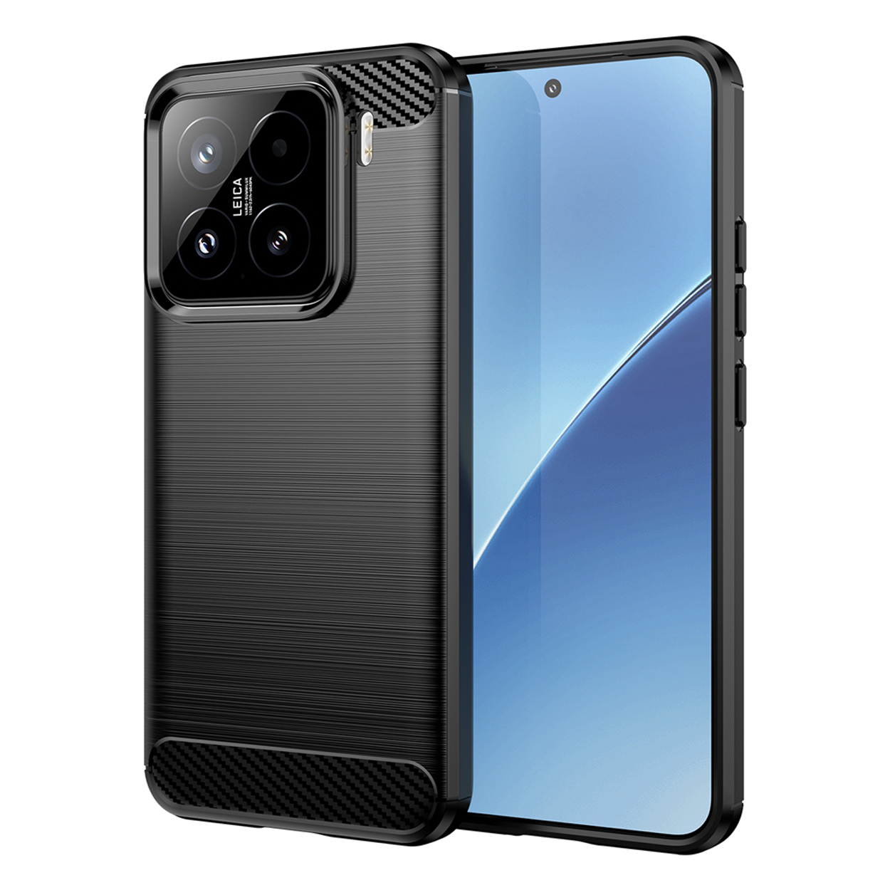 Coque noire avec dos texturé et découpe caméra, téléphone avec écran bleu.