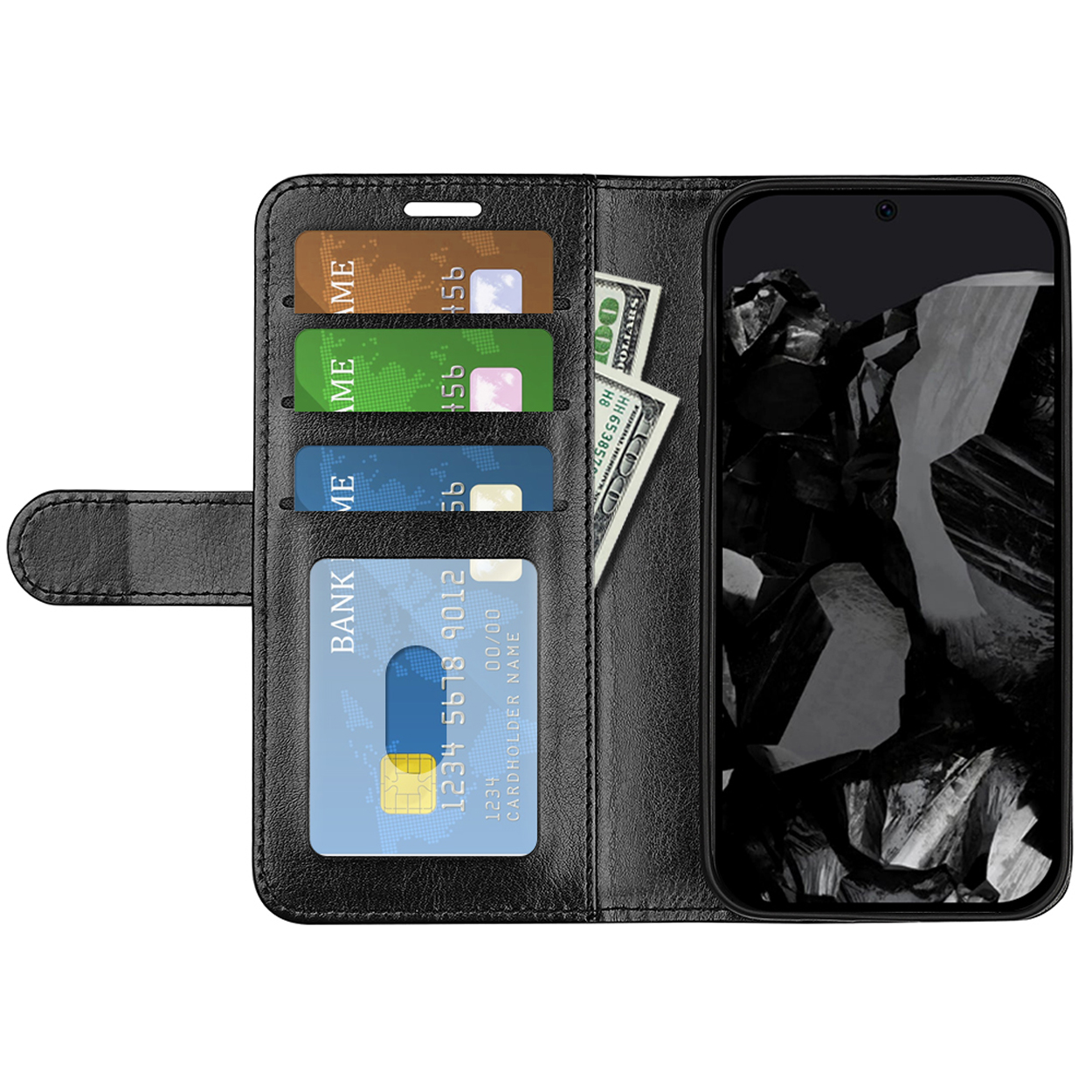 Zwarte telefoonhoes open met kaarten, contant geld en telefoon. Telefoonscherm toont zwart abstract ontwerp.