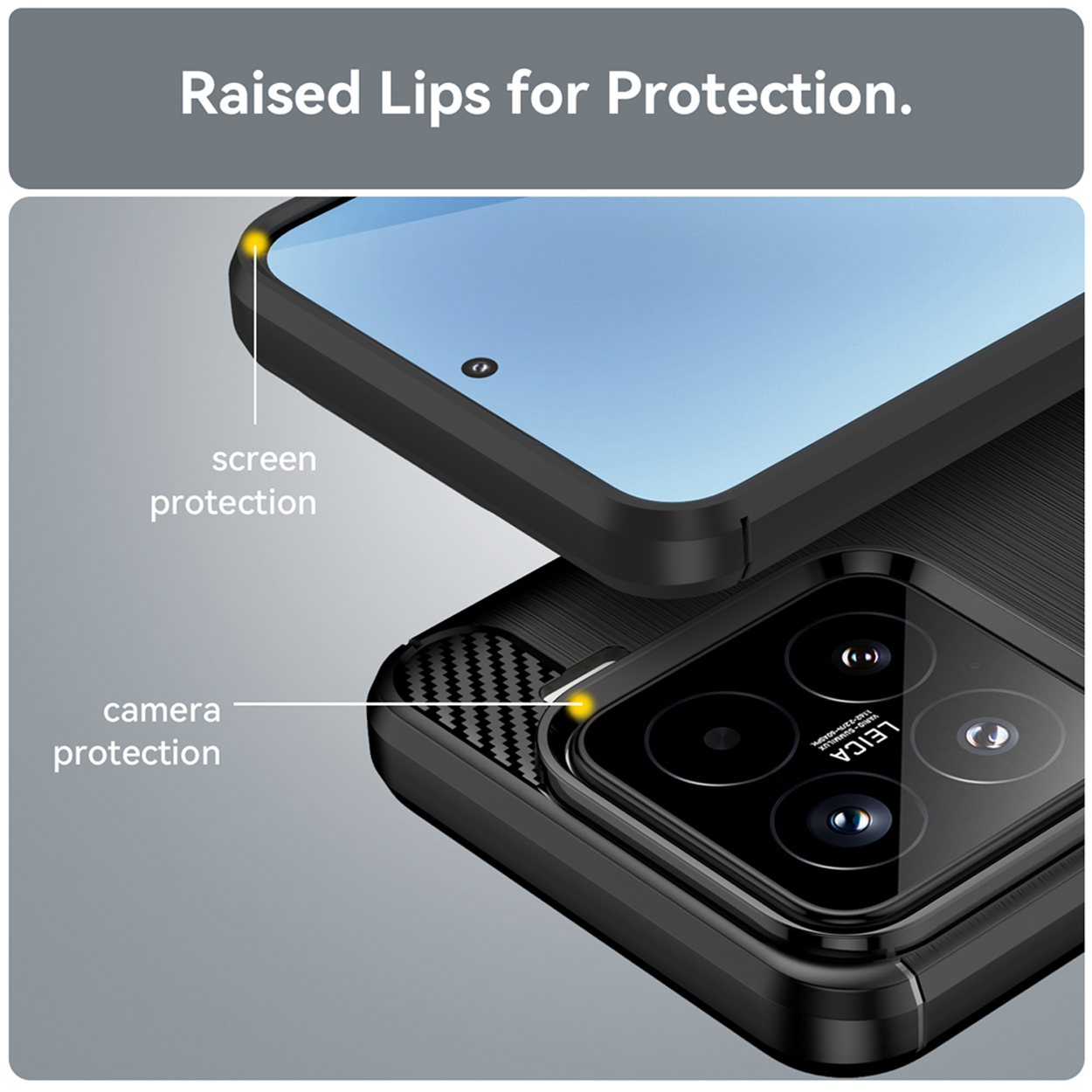 Gros plan sur une coque de téléphone avec protection à lèvres surélevées pour l'écran et l'appareil photo. Fond gris foncé.