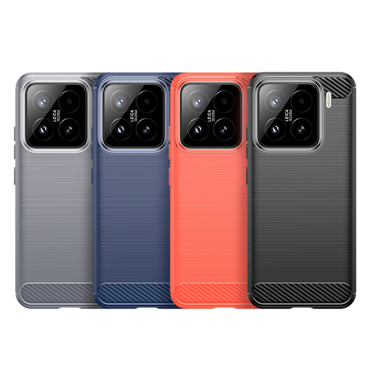 Vier telefoonhoesjes in verschillende kleuren, met een textuurafwerking. Alle tonen een camera.