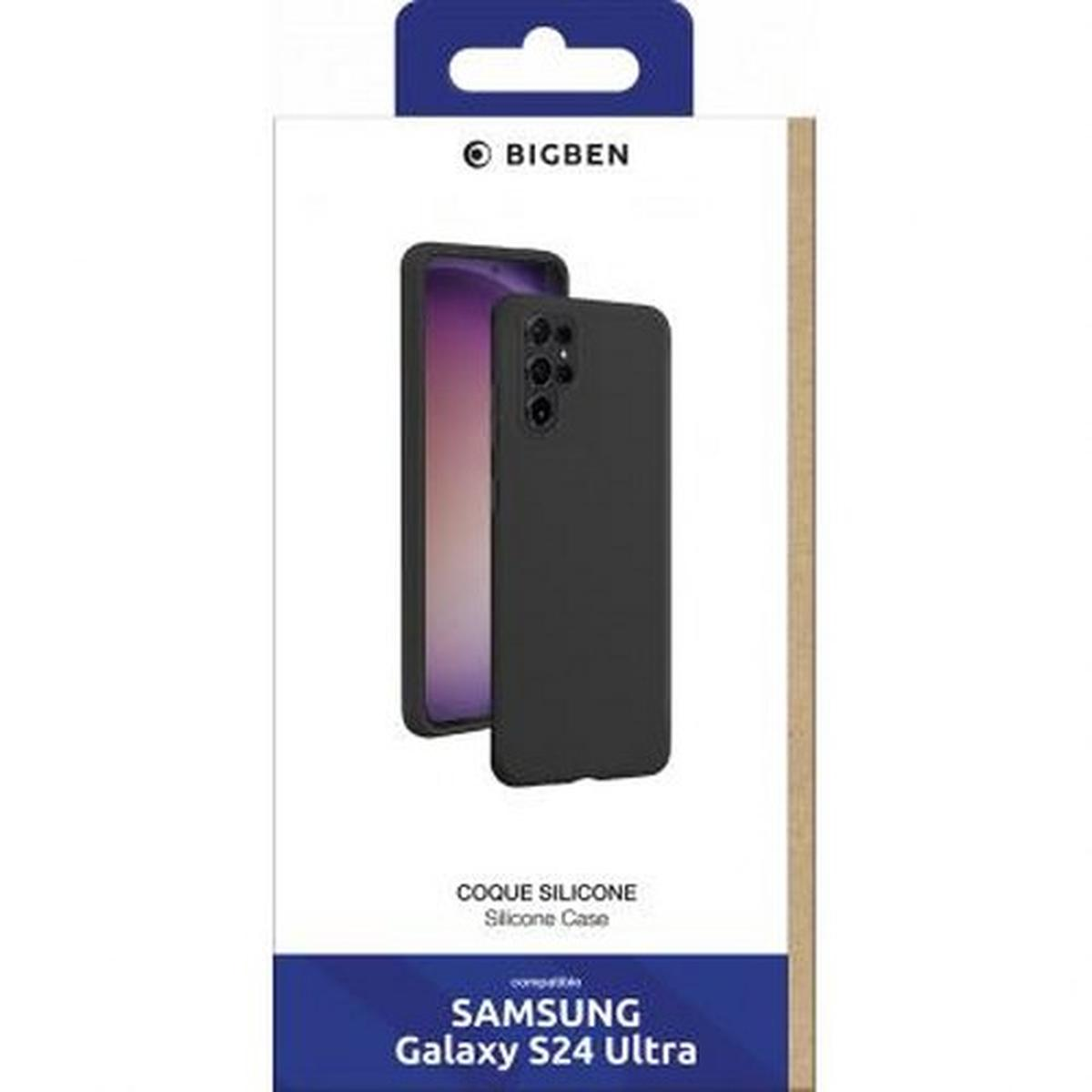 Custodia nera per Samsung Galaxy S24 Ultra, con il contorno del telefono visibile.