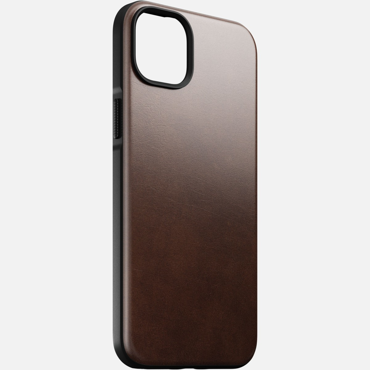 Una custodia per telefono in pelle marrone con bordo nero, con apertura per la fotocamera.